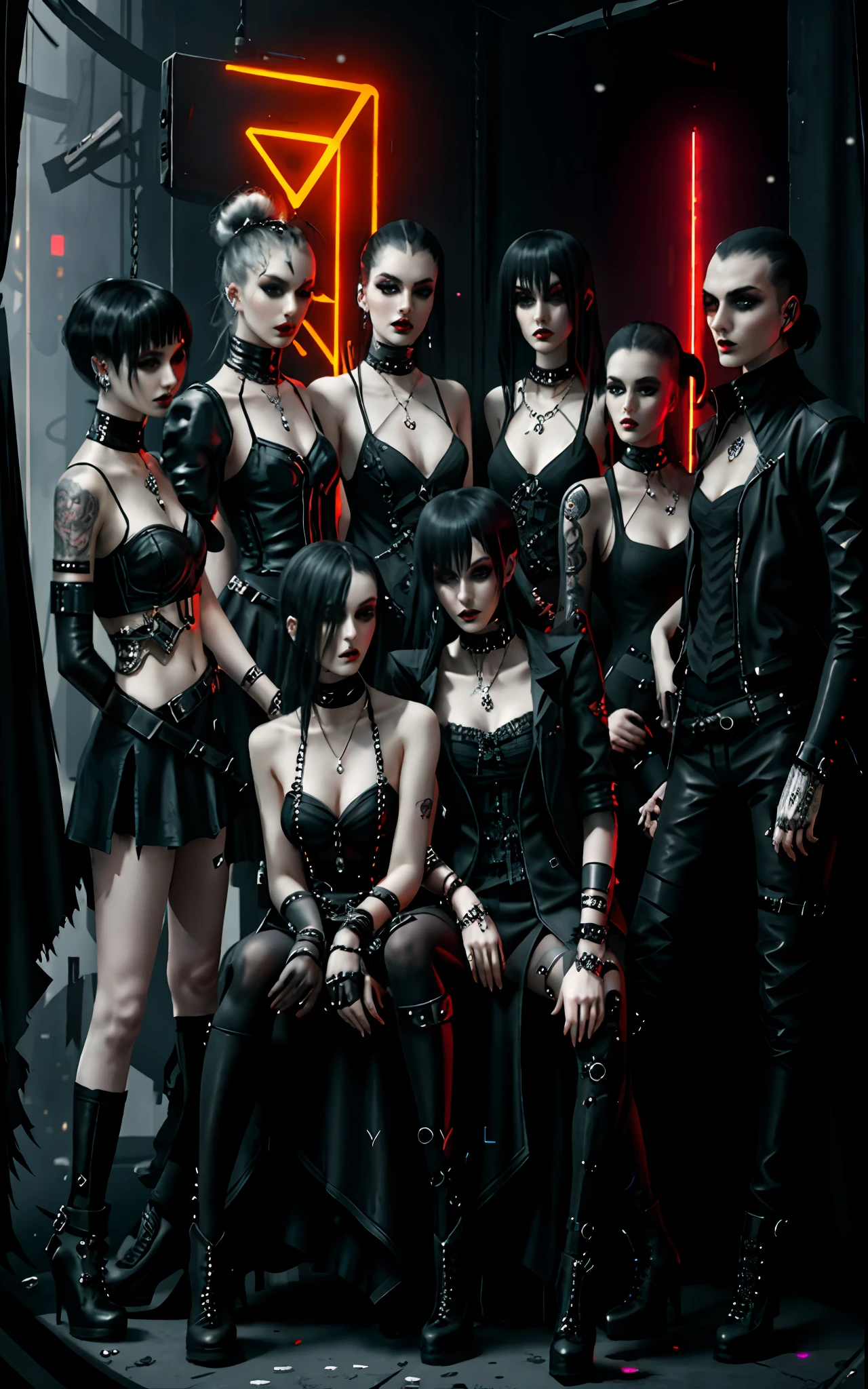 Arafed group of people dressed in black leather posing for a photo, chanel haired woman, chanel hairstyle, seductive gothic black costume, all black gothic clothes, high fashion, women, gothic clothes, gothic fashion clothes, goth - punk, gothic fashion clothes, emo gothic band, cyberpunk clothes, cyberpunk fashion, cyberpunk horror style, cyberpunk techwear, cyberpunk style