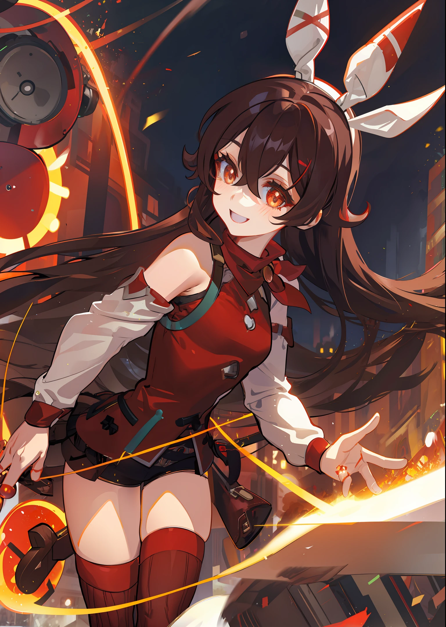 Amber Genshin Impact, red bunny ear ribbon, brown hair, long hair, hair between eyes, amber eyes, smiling, outrider, short shorts, blouse, corset, red thigh highs, goggles, dark skin, detailed, city background, lighting