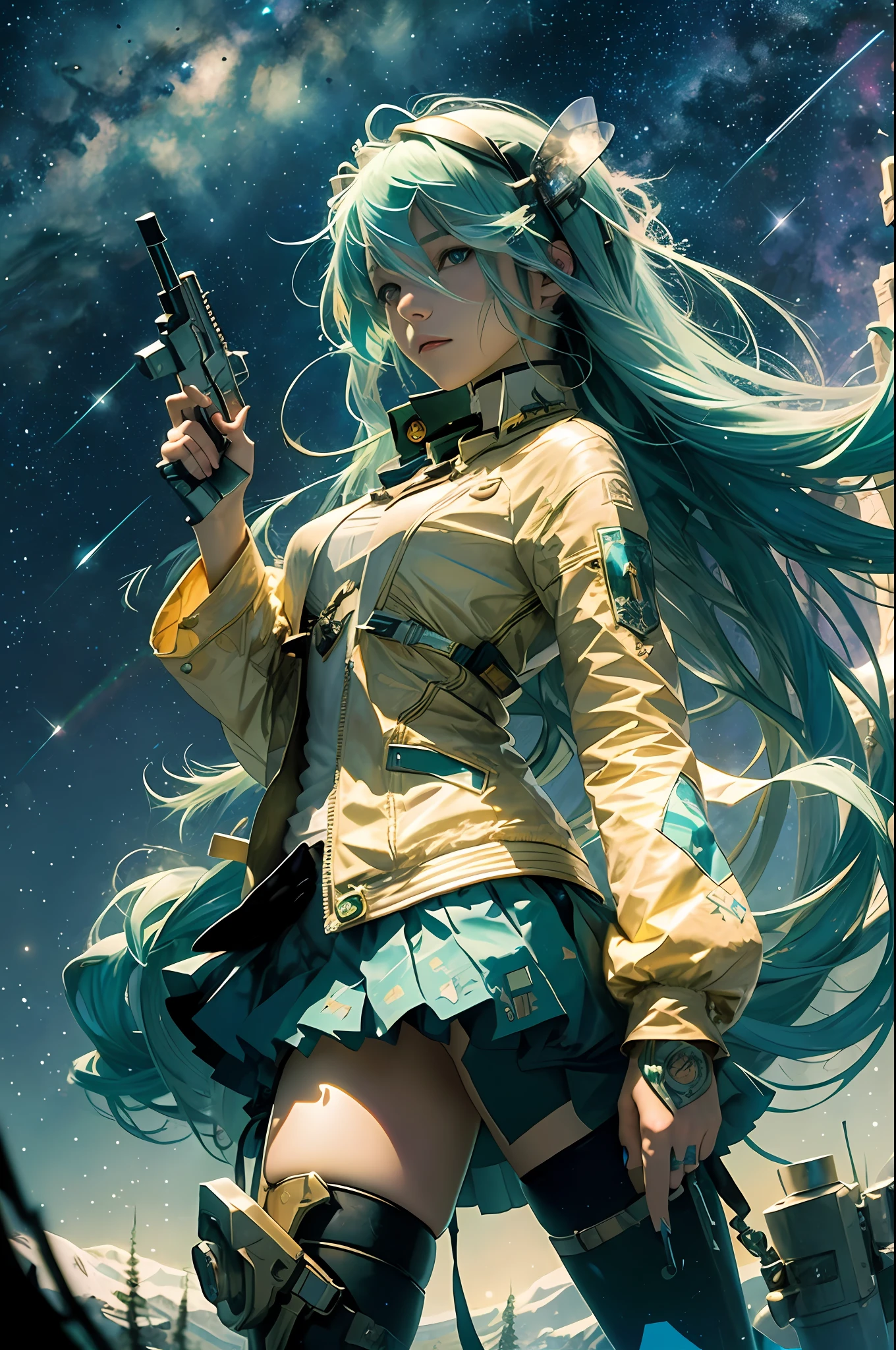 Best quality, best image quality, concept art, beautiful girl, holding a handgun, full body, wilderness, night, starry sky, alphonse mucha, Hatsune Miku, dream, rainbow, hope, cowboy shot, dynamic composition, looking far away