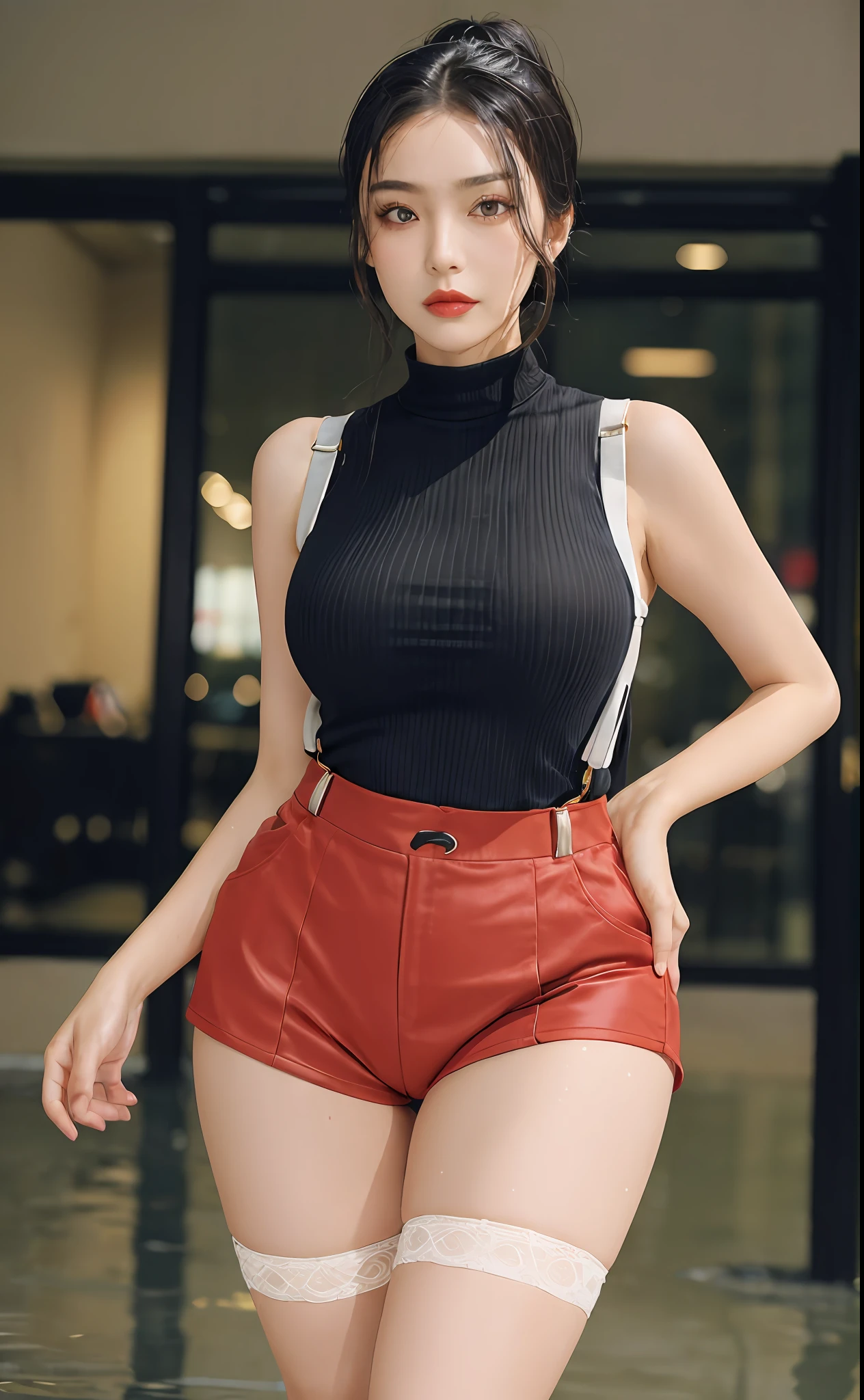 (masterpiece, realistic, high resolution), ((1 girl): 1.2), Korean, ((white wavy hair): 1.3), (heterochromic eyes: 1.1, thick eyebrows,), (medium breasts: 1.2, small waist, thighs), catwalk walk, masterpiece: 1.2, best quality), realism, (real pictures, rich detail details, depth of field), (1 girl, solo), makeup, high detail, perfect face shape, (: 1.4), (skin dents), thick thighs, wide hips, thin waist, high, coral, red lips, red eyes, ponytail, (sweat: 1.2), (wet), sexy, blush, (shy expression), Vests, suspenders, belly pockets, stockings, fishnet socks,