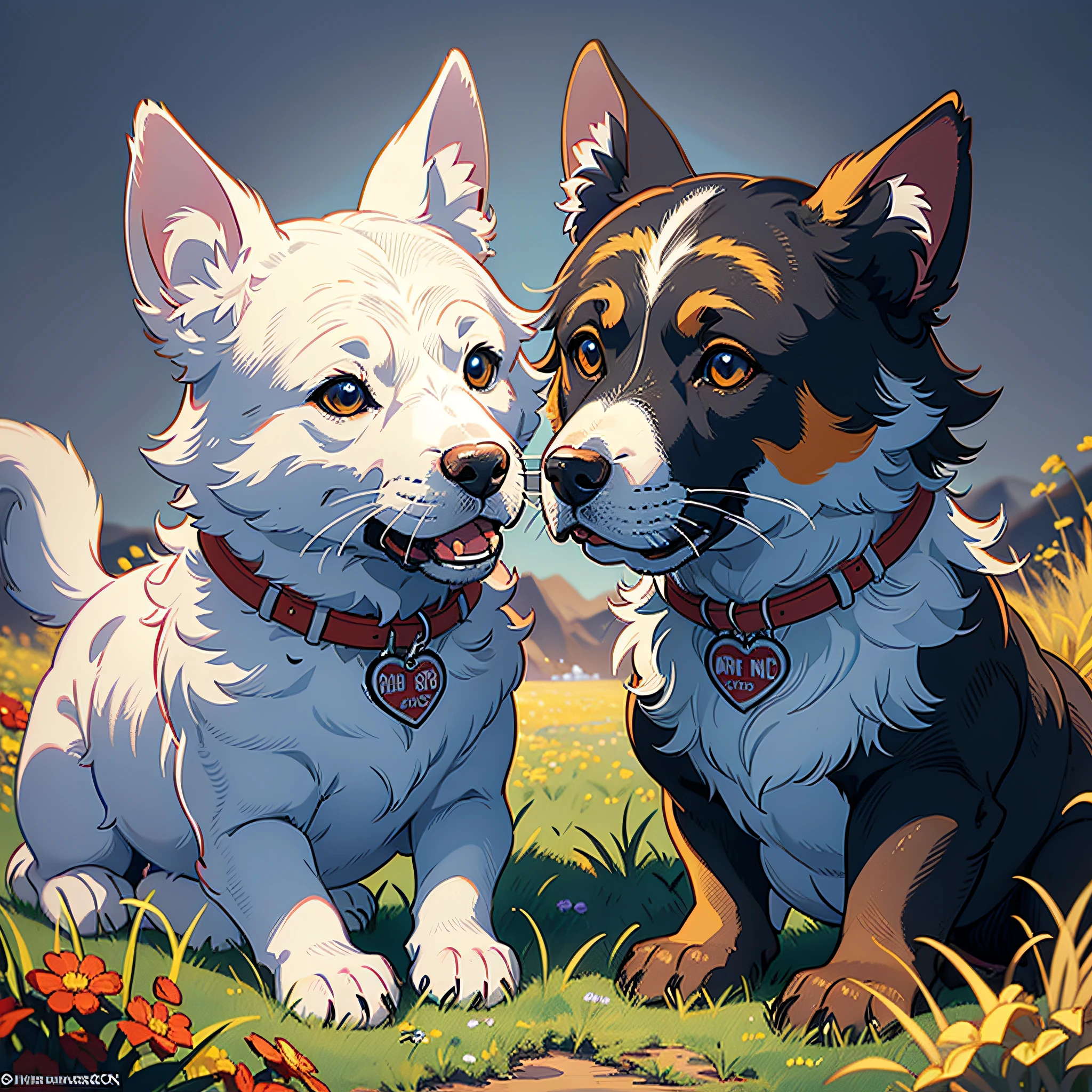 STICKER,"Best Buddies": A heartwarming illustration of 2 two dogs with their paws around each other, symbolizing the unbreakable bond between these two different yet inseparable companions, Surrealism, color field printing, high detail, UHD, 8k, anatomically correct, cinematic lighting 4d quality --auto --s2