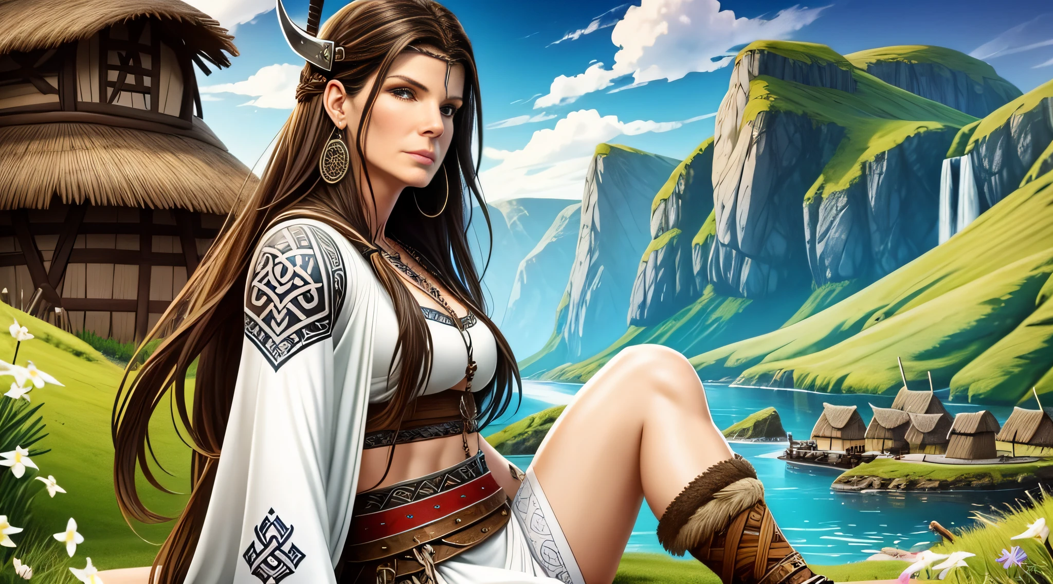 Sandra Bullock is a very beautiful woman, little clothing, a Viking warrior sitting in the middle of a Celtic village, white clothes, Celtic tattoos for the body. Cartoon style, colorful, two-dimensional,