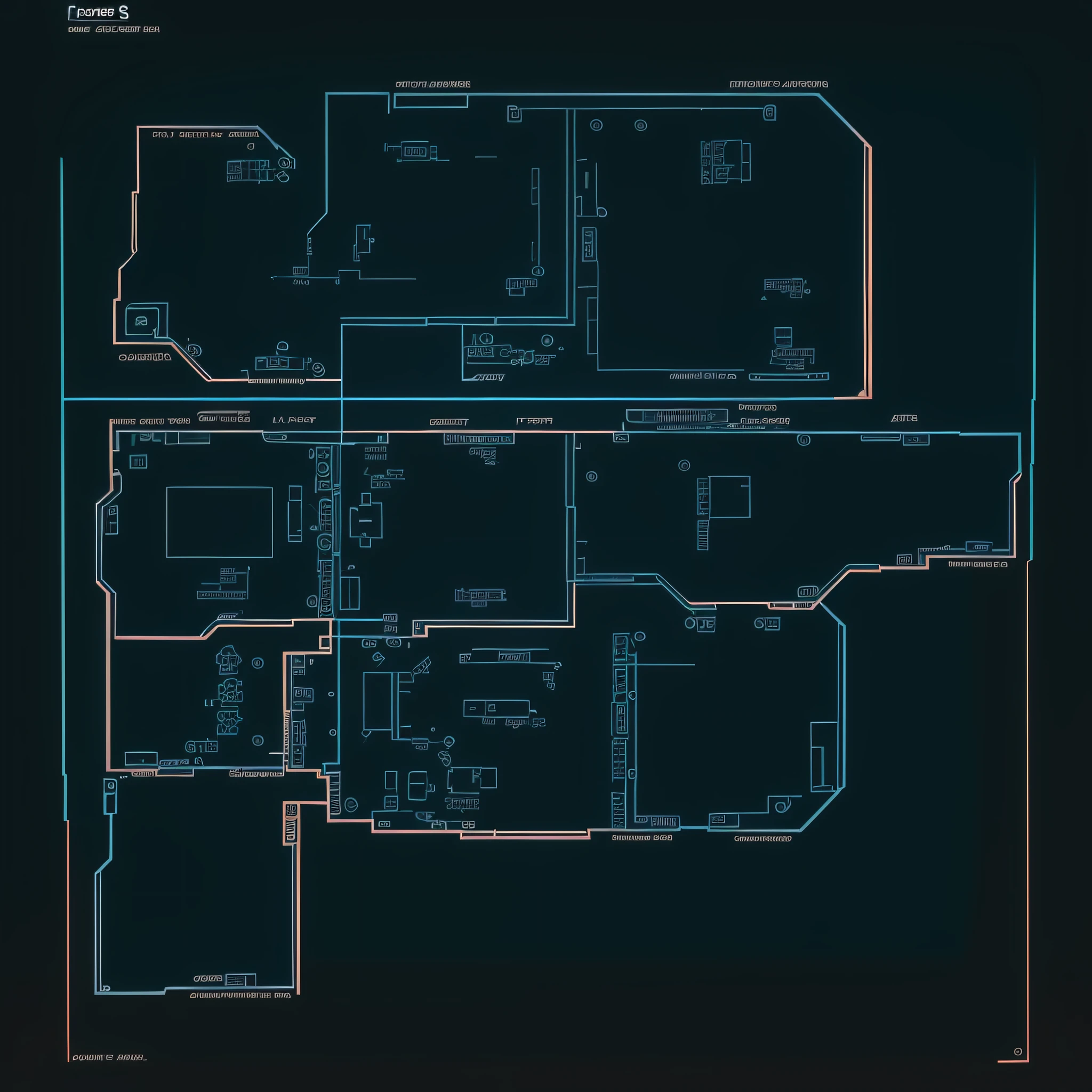 computer circuits forming the plan of a house with the names of the rooms and their footage in less prominence --auto --s2