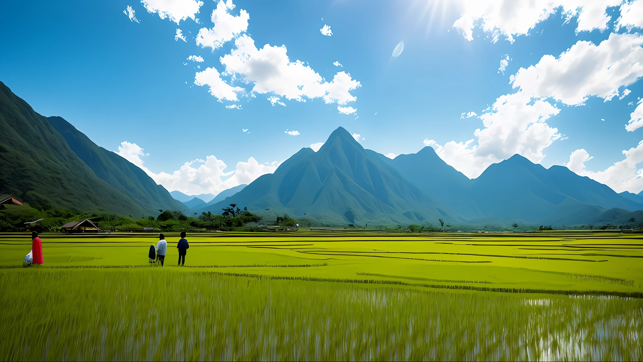 Prompt: A photograph of Asian people on a rice paddy, with mountains in the background, surrounding the landscape. The sky is clear, with clouds reflecting sunlight. The time is around 7 a.m., providing a vibrant blue sky. The photo was taken with a professional wide-angle lens, capturing both the people in the central focus and the landscape in the background. The view is from a height of 1.80 meters.
Command: Generate a high-quality photograph with Asian people on a rice paddy, mountains in the background, clear blue sky with clouds reflecting sunlight. The perspective should value both the people in the central focus and the landscape in the background. The image should be captured as if it were seen from a height of 1.80 meters. Use a professional wide-angle lens to highlight the moment and perspective.