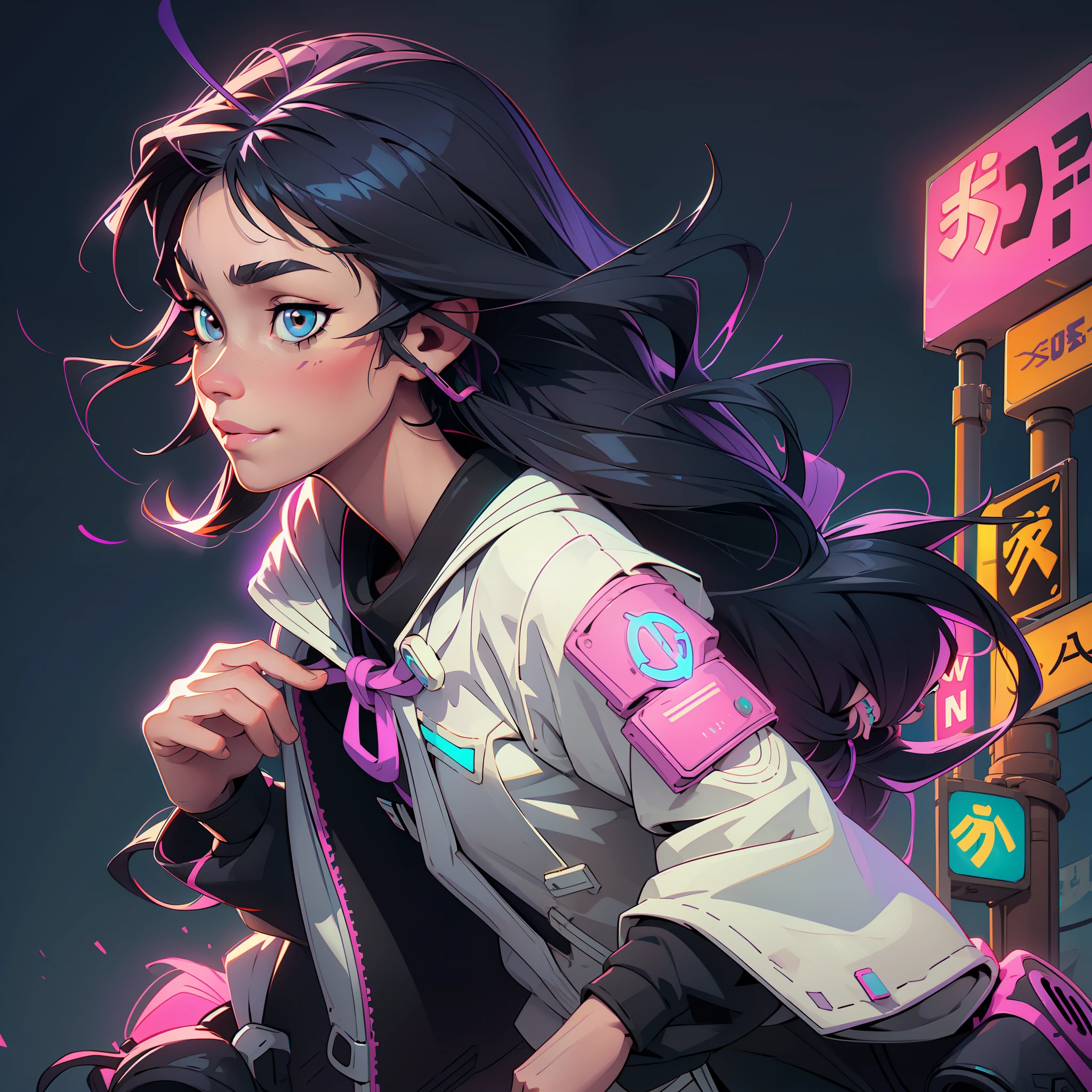 Create a girl with long messy black hair and brown eyes, smiling, gamer,, monitor, night time, good quality, perfect anatomy, 8k, masterpiece, by (Holaxes), long hair, messy hair, neon, headphones, cyberpunk, neon purple, neon yellow, neon blue, cyberwave, best Character Design