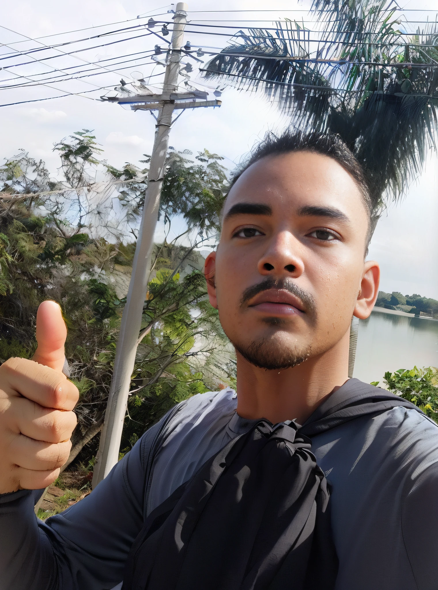 there is a man that is giving a thumbs up sign, caio santos, mateus 9 5, 8k selfie photograph, with a park in the background, ronaldo nazario fenomeno, inspired by Nathan Oliveira, river in the background, gildhardho, david rios ferreira, selfie!!!!! of a man, selfie of a man, icaro carvalho --auto --s2