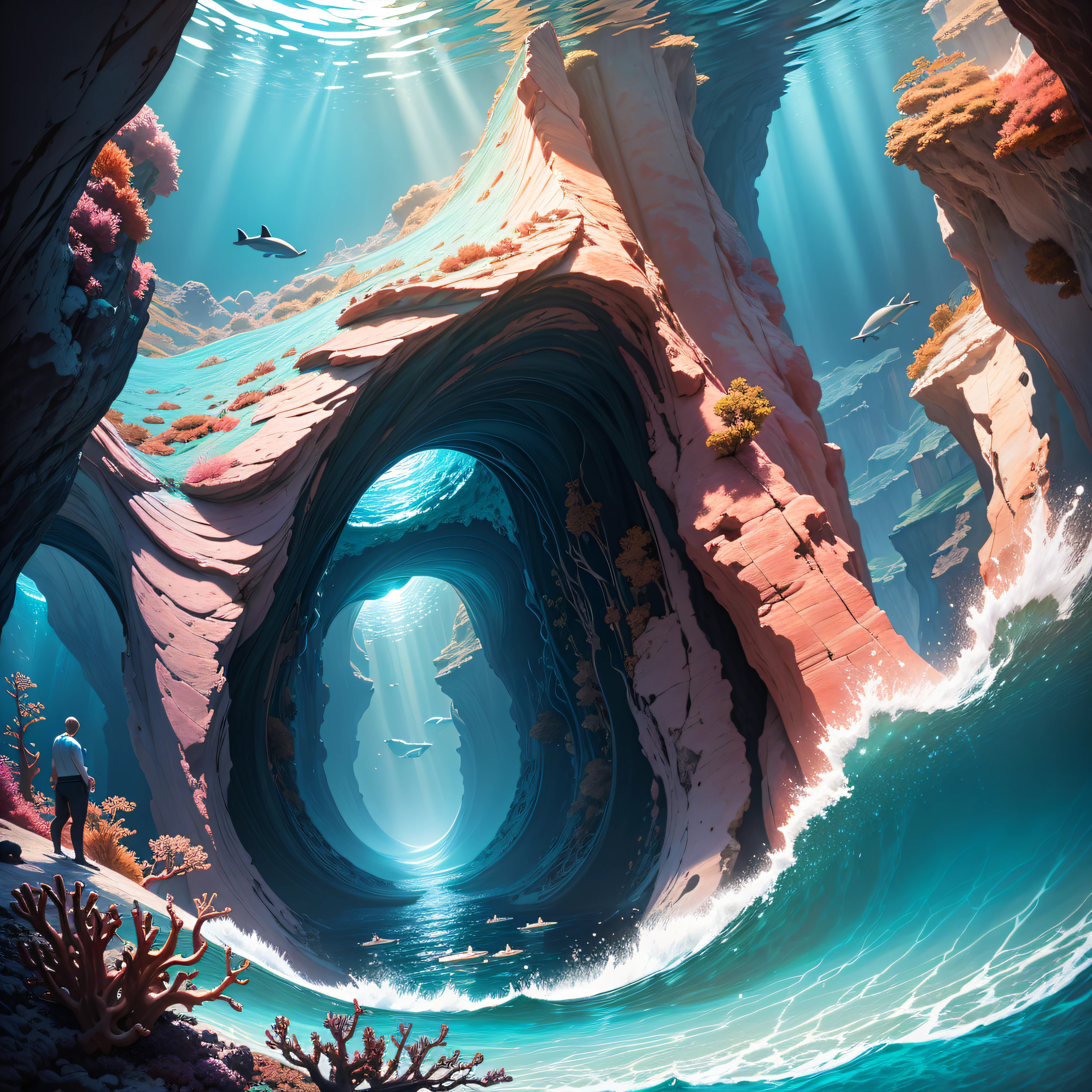 "Underwater Symphony": A composite image showcasing the beauty of dolphins swimming through a sunlit underwater canyon, surrounded by vibrant coral formations and an abundance of marine life, Surrealism, color field printing, high detail, UHD, 8k, anatomically correct, cinematic lighting 4d quality --auto --s2