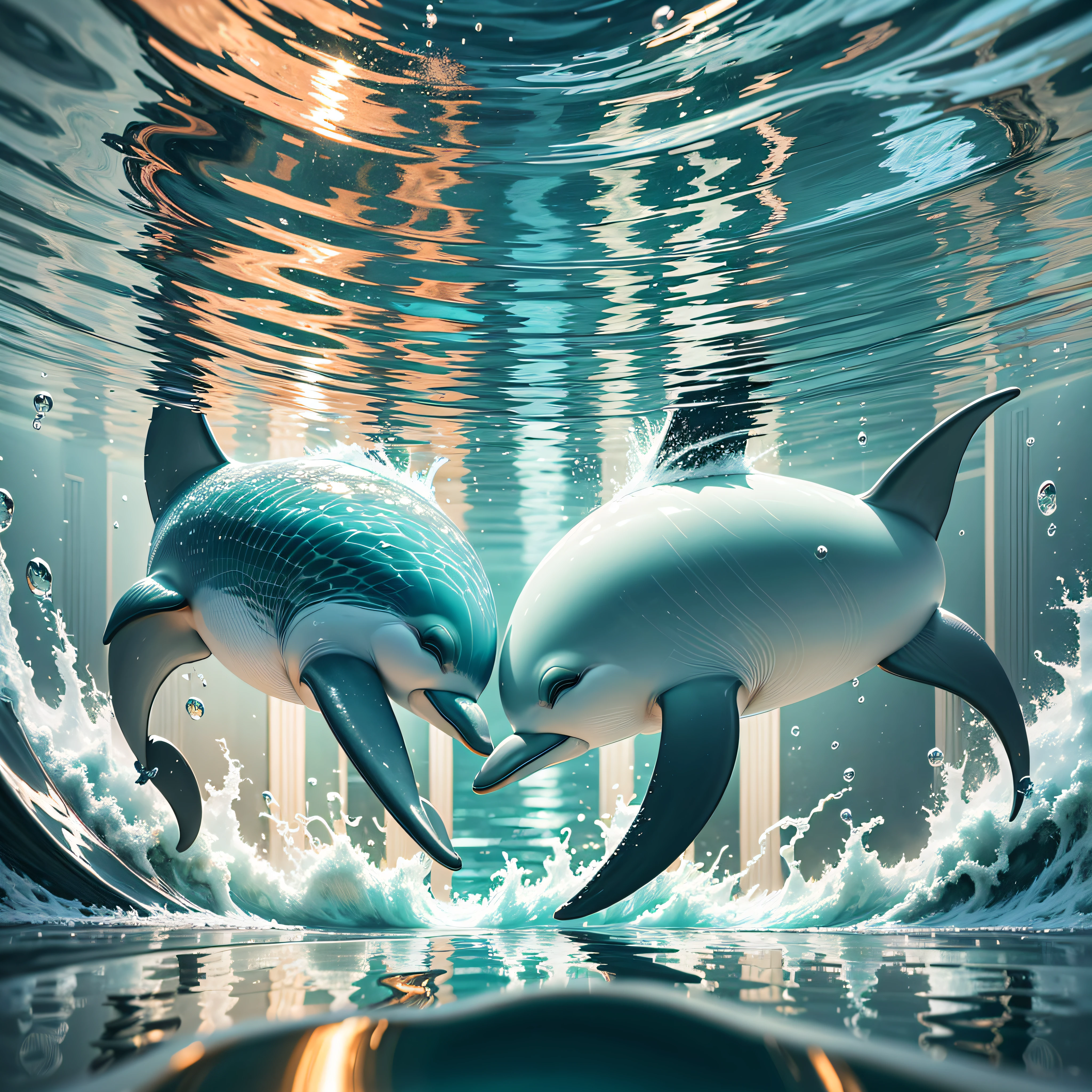 "Dolphin Reflections": A tranquil image of dolphins swimming near the water's surface, their reflections mirrored perfectly in the calm, glassy ocean, capturing the serenity and elegance of these intelligent creatures, Surrealism, color field printing, high detail, UHD, 8k, anatomically correct, cinematic lighting 4d quality --auto --s2