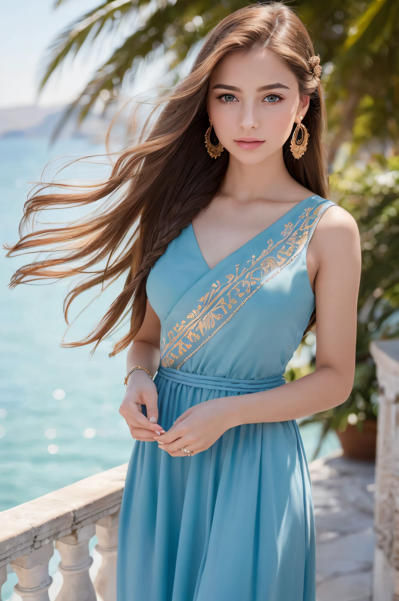 (masterpiece), (portrait), (aesthetic), (beautiful), (upper blody), (high quality), (aesthetic clothings), (professional angle), (rule of thirds), (Feminine), (woman), (female), (beautiful),(feminine features), (25 years), solo, 1 woman, (attractive Greek), Summer, Soft light, (Standing), Natural Makeup, (Small bust), ((holding a Greek Vase)), (Front face), (Serene expression), ((Calm, Graceful)), Gold Bracelet, ((Long hair)), (Brown hair), (Braided hair), (Silky hair), Glossy shine hair, (Hairpin in hair), (Blue eyes), (Elegant look), (Fair skin), (Embroidered clothing), (Flowy Dress), (Sandals), (Skirt), Sweetheart neckline), ((Coastal background)), (- in background), (Full Shot shot), beautiful hands, two hands, normal hands, two arms, complete hands, beautiful body, beautiful fingers, normal fingers, five fingers, five fingers, (Thumb index meddle ring little fingers), beautiful ears, normal ears, beautiful eyes, shiny eyes, beautiful mouth, beautiful lips,