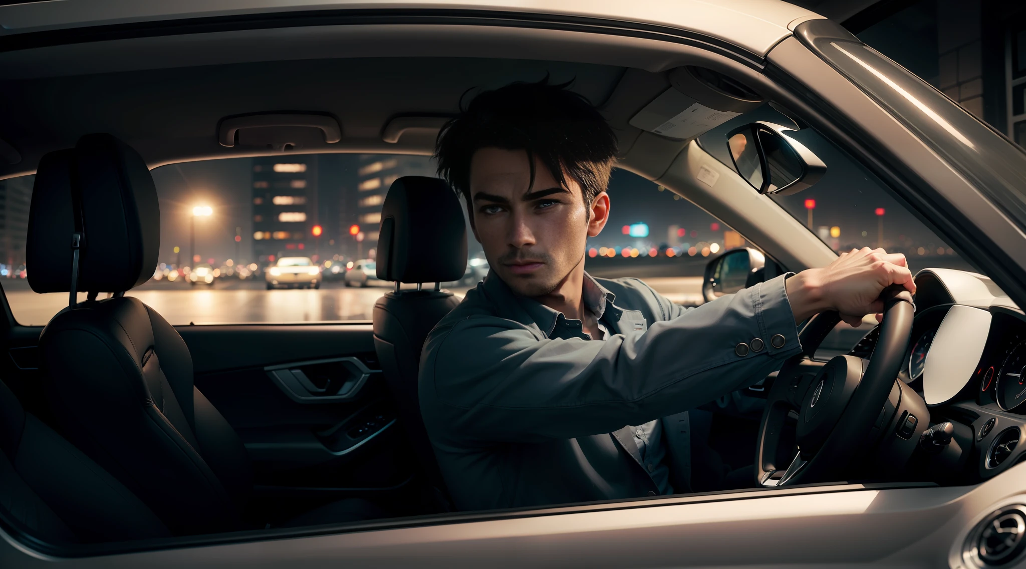 Man in car on a dark night looking straight ahead