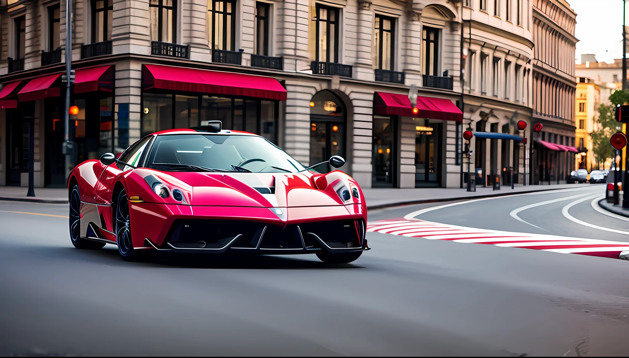full decoration red pagani, in motion, in a city in the morning, masterpiece, best quality, high quality, realistic lighting, cinematic lighting, high resolution, sharp, in focus,4k, very details, ray tracing, shadow dynamic, light dynamic,city background,Texture dynamic, Texture details,HDR, Bloom,high reflection,