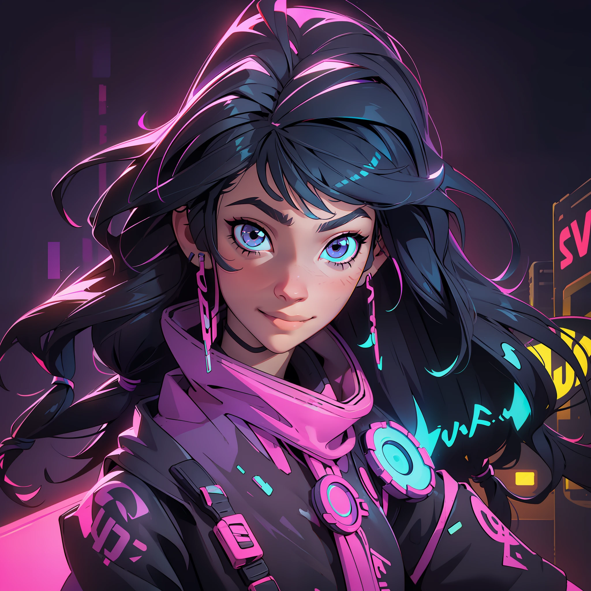 Create a girl with long messy black hair and brown eyes, smiling, gamer,, monitor, night time, good quality, perfect anatomy, 8k, masterpiece, by (Holaxes), long hair, messy hair, neon, headphones, cyberpunk, neon purple, neon yellow, neon blue, cyberwave, best Character Design