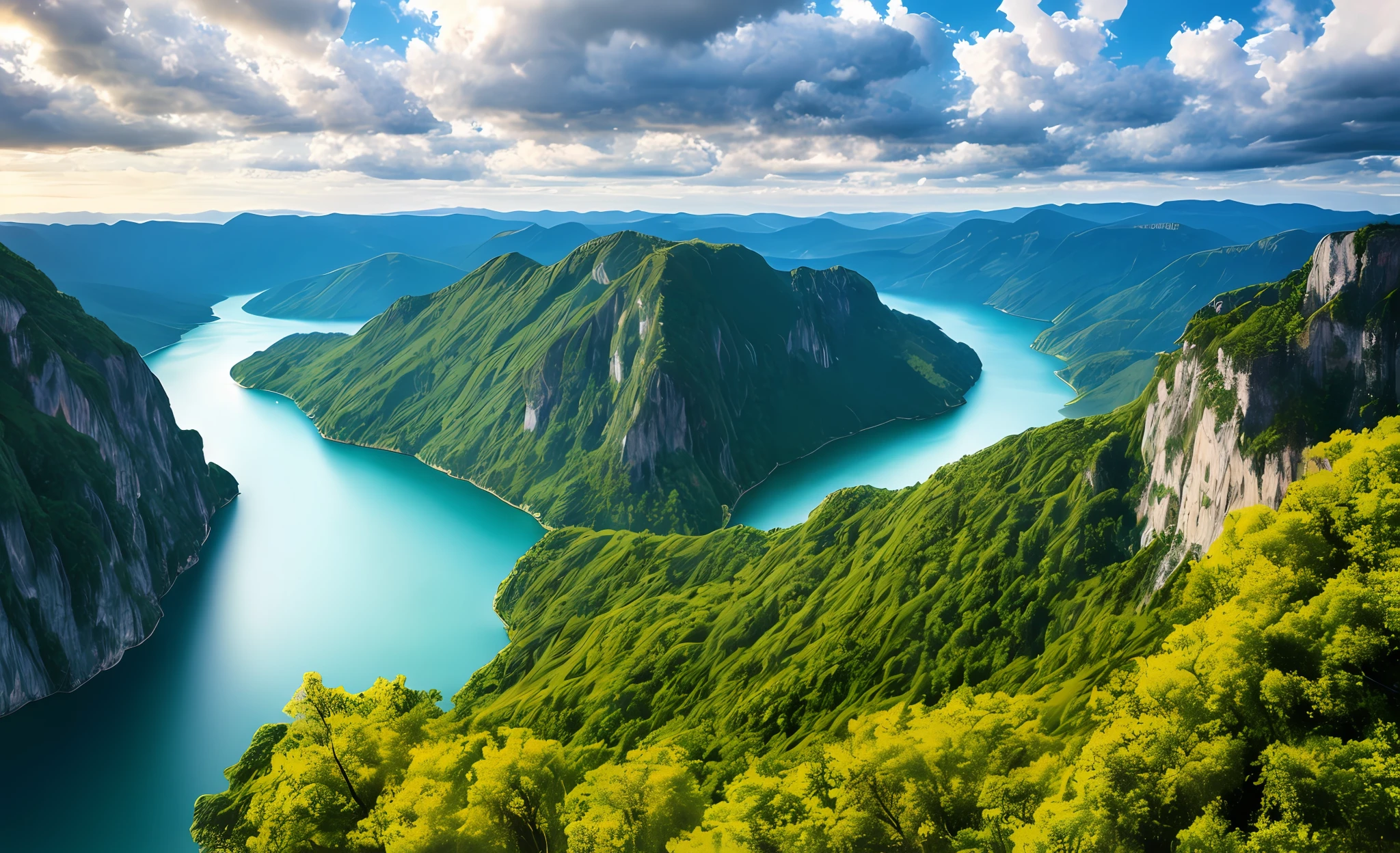 Masterpiece, ultimate quality, Cg unity 8k wallpaper, super delicate, beautiful sky and clouds, rich natural scenery, cliffs, lakes and rivers, waterfalls and flying water, beautiful green mountains, no trace of people, excellent scenery, has already won a photo contest, background Blurring, full depth of field, HDR high dynamics, true restoration, intricate, extreme details, dramatic presentation, perfectly presenting the style of midjourney art.