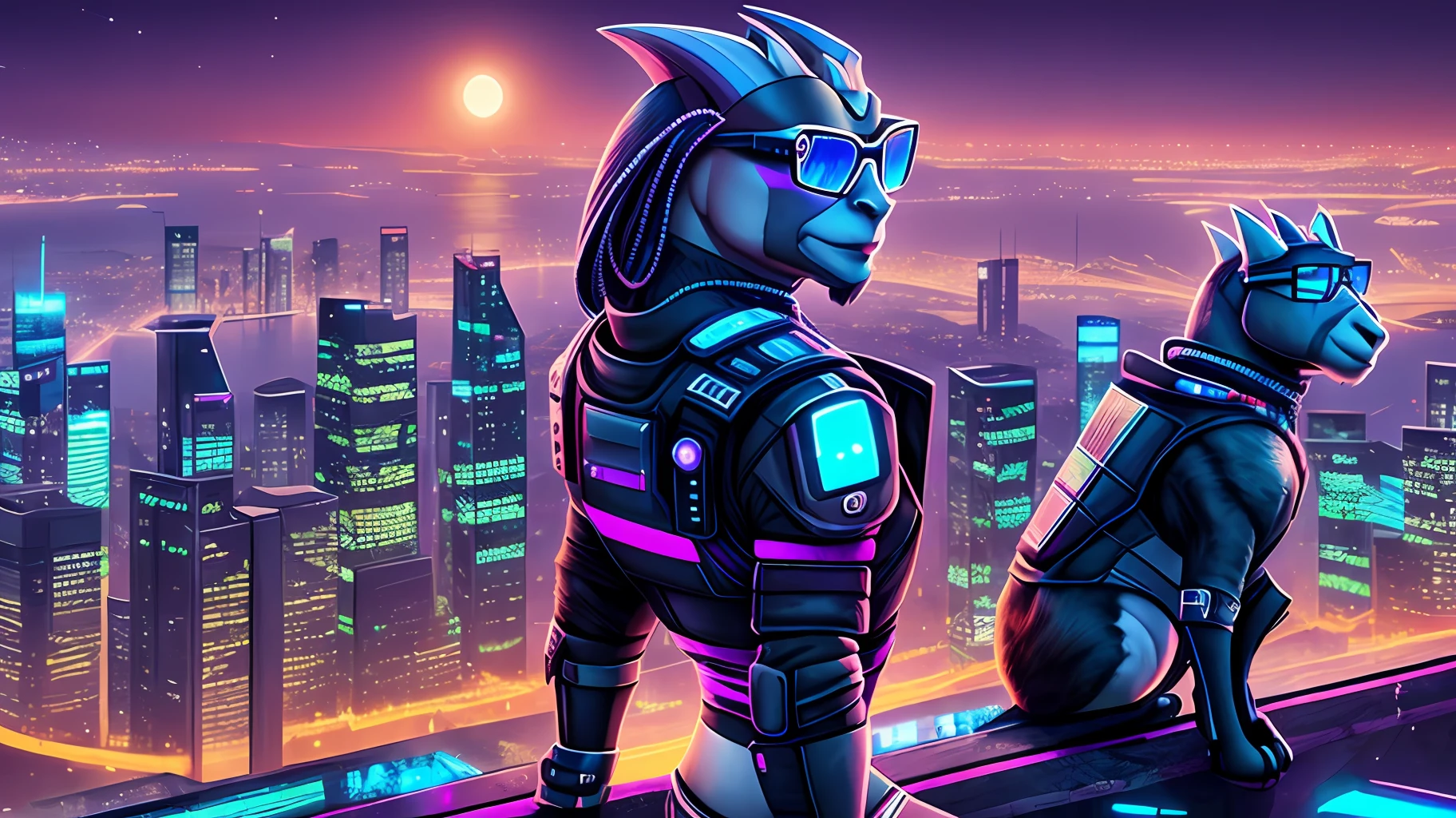 Cyberpunk, goat with glasses, night, futuristic, 4k, city in the background --auto --s2