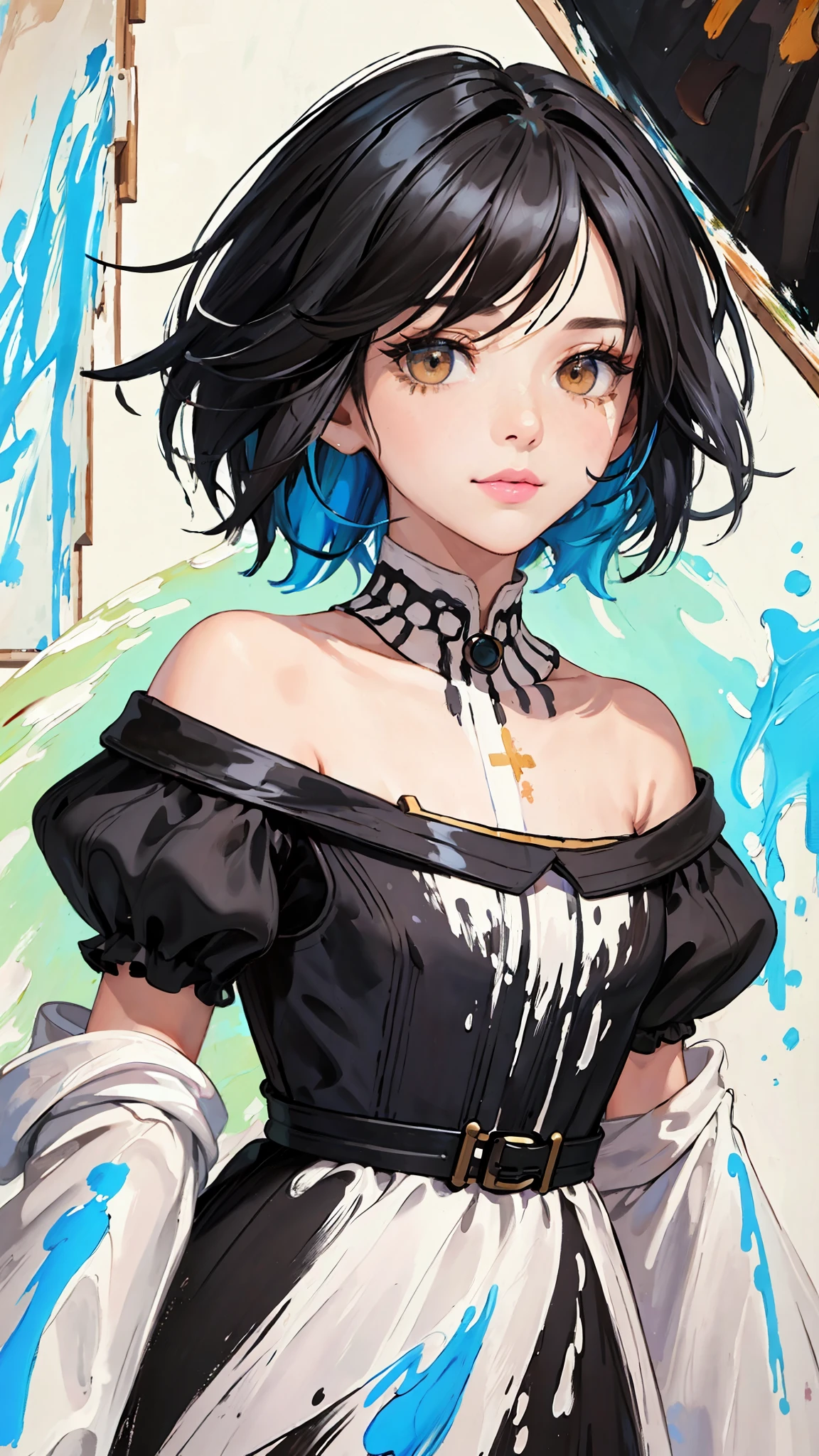 (Pink Fashion T-shirt: 1.9),(Colored hair: 1.8), (Black and blue: 1.8),(((((vertical painting:1.6)))), (painting:1.6),front, comics, illustrations, paintings, big eyes, crystalline eyes, exquisite makeup, closed mouth, smiling,(Small Fresh: 1.5),(Clean chest: 1.6), long eyelashes, white T-shirt off shoulder, white shoulder shirt, looking at the audience, big watery brown eyes, splash of color, (soil: 1.8), color splash, color explosion, thick painting style, messy lines, ((bright)), (colorful), (colorful), (colorful), colorful, thick painting style, (splash) (color splash), vertical painting, upper body, paint splash, acrylic pigment, gradient, ink, highest image quality, highest quality, masterpiece, soil, depth of field, face painting, colored clothes, (elegant: 1.2), beautiful, short hair, wind, (elegant: 1.3), (Petals: 1.4),((masterpiece))),((best quality))),((ultra-detailed)),(illustration),(dynamic angle),((floating)),(painting),((shaggy hair)),(solo),(1girl) , (((detailed anima face))),((detailed face anima)),(beautiful detailed face)),necklace, black hair, (((colored hair)),((striped hair)),(beautiful detailed eyes,(brown eyes),((brown eyes)),((colored background)),(high saturation))),( (surrounded by colorful splashes))),