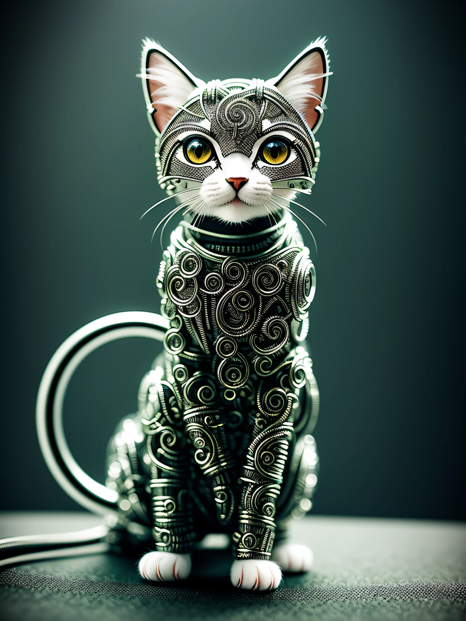 a cute kitten made out of metal, (cyborg:1.1), ([tail | detailed wire]:1.3), (intricate details), hdr, (intricate details, hyperdetailed:1.2), cinematic shot, vignette, centered