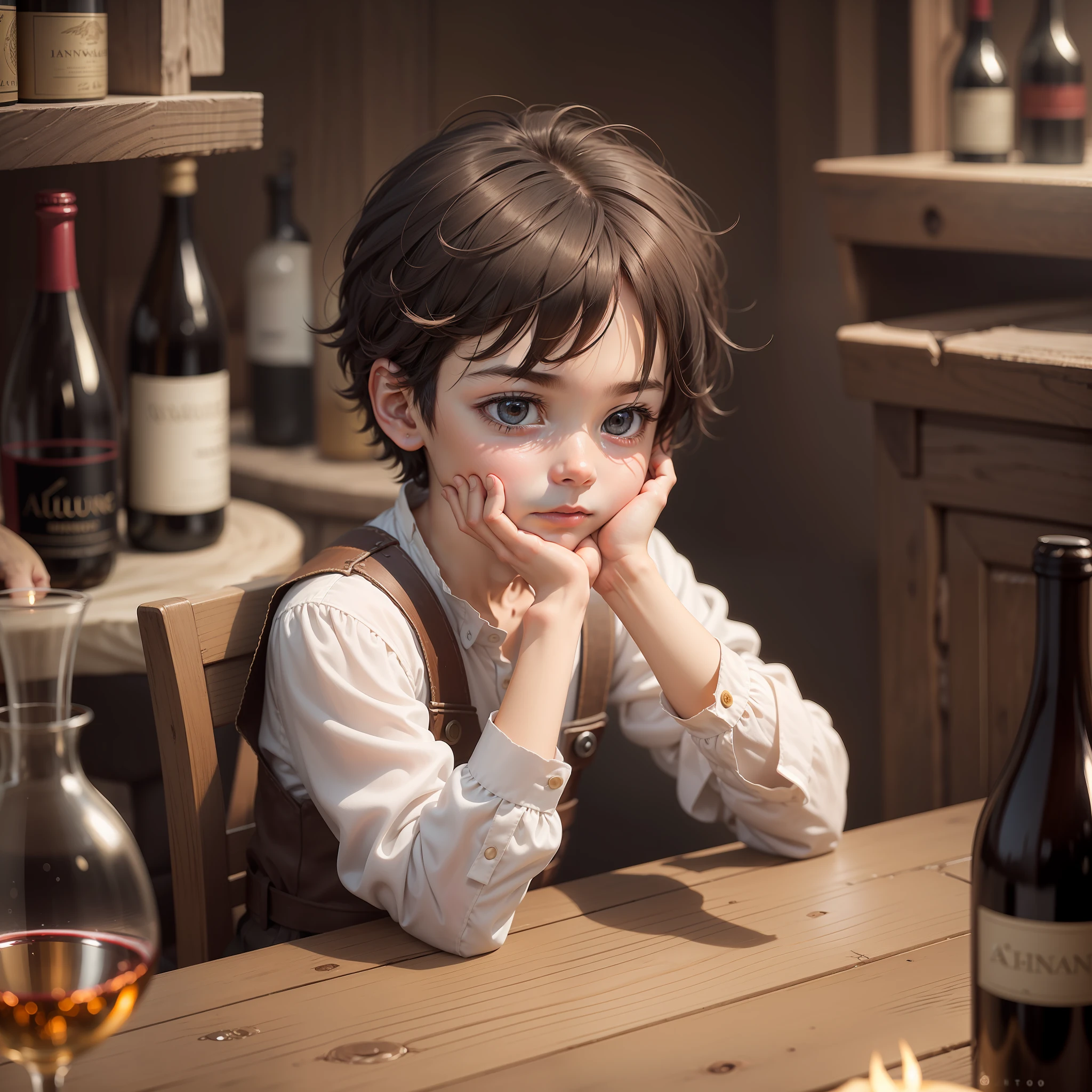 A captivating image capturing the essence of a young boy deeply engrossed in contemplation as he gazes fixedly at a wine bottle. The boy's eyes, filled with curiosity and intrigue, are locked onto the bottle, conveying a sense of wonder and fascination. His face is illuminated by a soft, warm light, creating a gentle and introspective atmosphere. The wine bottle itself should exude elegance and craftsmanship, with its unique shape, rich color, and exquisite label design captivating both the boy and the viewer. The boy's expression should reflect a mixture of innocence and mature curiosity, as if he is drawn to the bottle's mysteries and stories. The surroundings can be subtly hinted at, such as a rustic wooden table or a dimly lit cellar, adding a touch of ambiance and depth to the scene. The colors used should be warm and inviting, evoking a sense of nostalgia and sophistication. The composition should focus on the boy's intent gaze and his interaction with the wine bottle, inviting the viewer to contemplate the allure and allure of the world of wine. フラットな彩色。