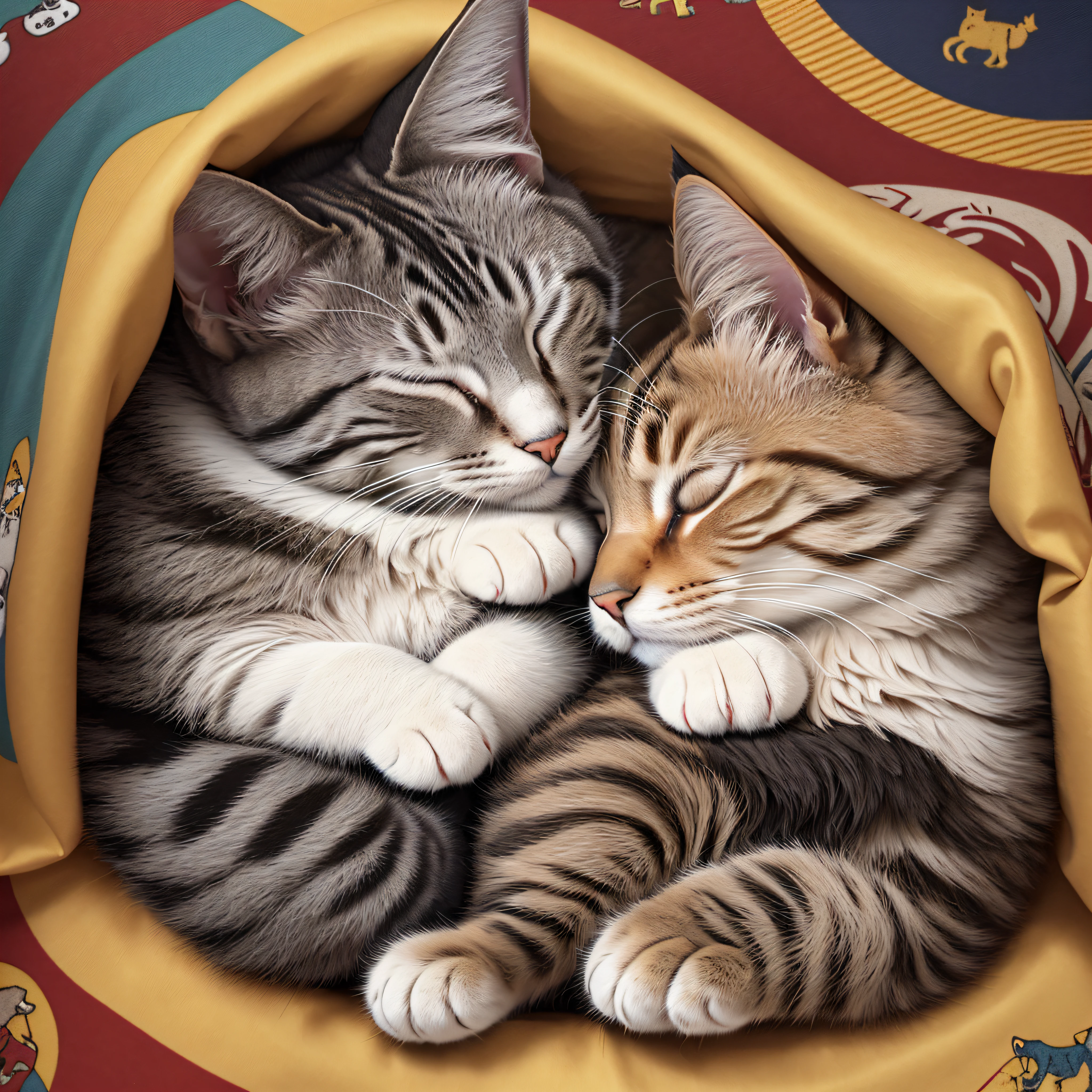 STICKER,"Perfect Friends": An image of a cat and a dog curled up together, peacefully sleeping or cuddling, displaying the heartwarming bond and friendship between these two beloved pets, Surrealism, color field printing, high detail, UHD, 8k, anatomically correct, cinematic lighting 4d quality --auto --s2