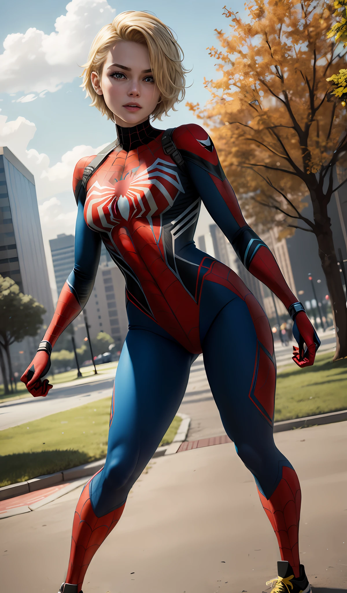 4k, realistic, charismatic, very detailed, there is a girl in a park wearing spider-man costume, she is a spider-man, superhero theme, short blonde hair, 25 years old, full body