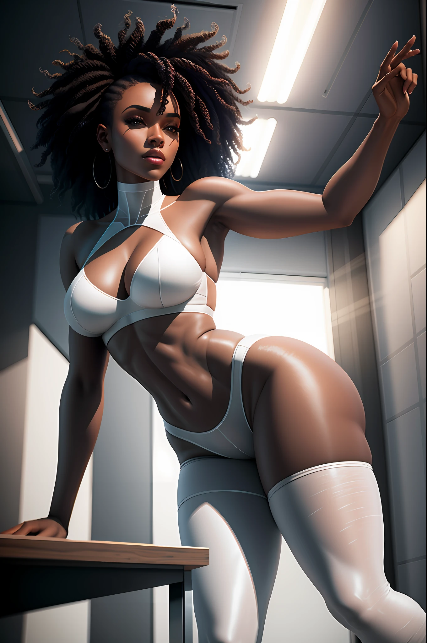 beautiful african university student, curly hair, full body, in white transparent clothing, white transparent pants, interior, classroom, sitting, seductive posture, sexy pose, legs open, legs up, showing ass, big ass, arms on the sides and wide neckline, photorealistic large breasts, photo, masterpiece, realistic, realism, photorealism, high contrast, photorealistic digital art trend on Artstation 8k HD high definition detailed realistic,  detailed, skin texture, hyper detailed, realistic skin texture, armor, best quality, ultra high resolution, (photorealistic:1.4), high resolution, detailed, raw photo, sharp re, by lee jeffries nikon d850 stock film photography 4 camera kodak portra 400 lens f1.6 rich colors hyper realistic texture dramatic lighting irrealengine trending on artstation cinestill 800,