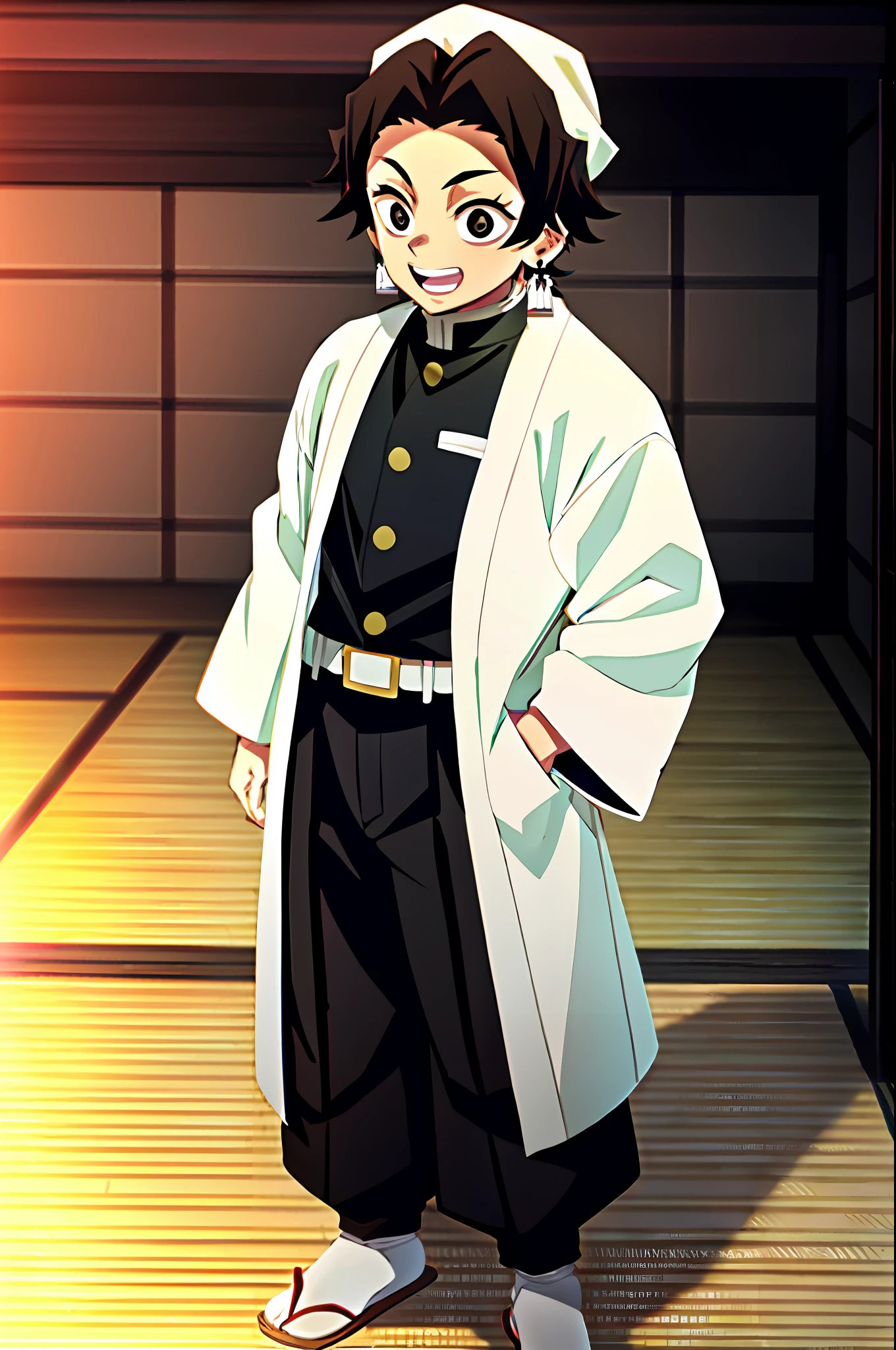 kimetsu in yaiba style, boy, demon slayer uniform, 1boy, male focus, with an excalibur, earrings, teeth, pants, black hair, belt, black pants, japanese clothes, black haori, white haori, solo, black eyes, white long sleeves, anime coloring, ((masterpiece)), happy face, full body image, pose with him standing, cebelo with gohan style mercha
