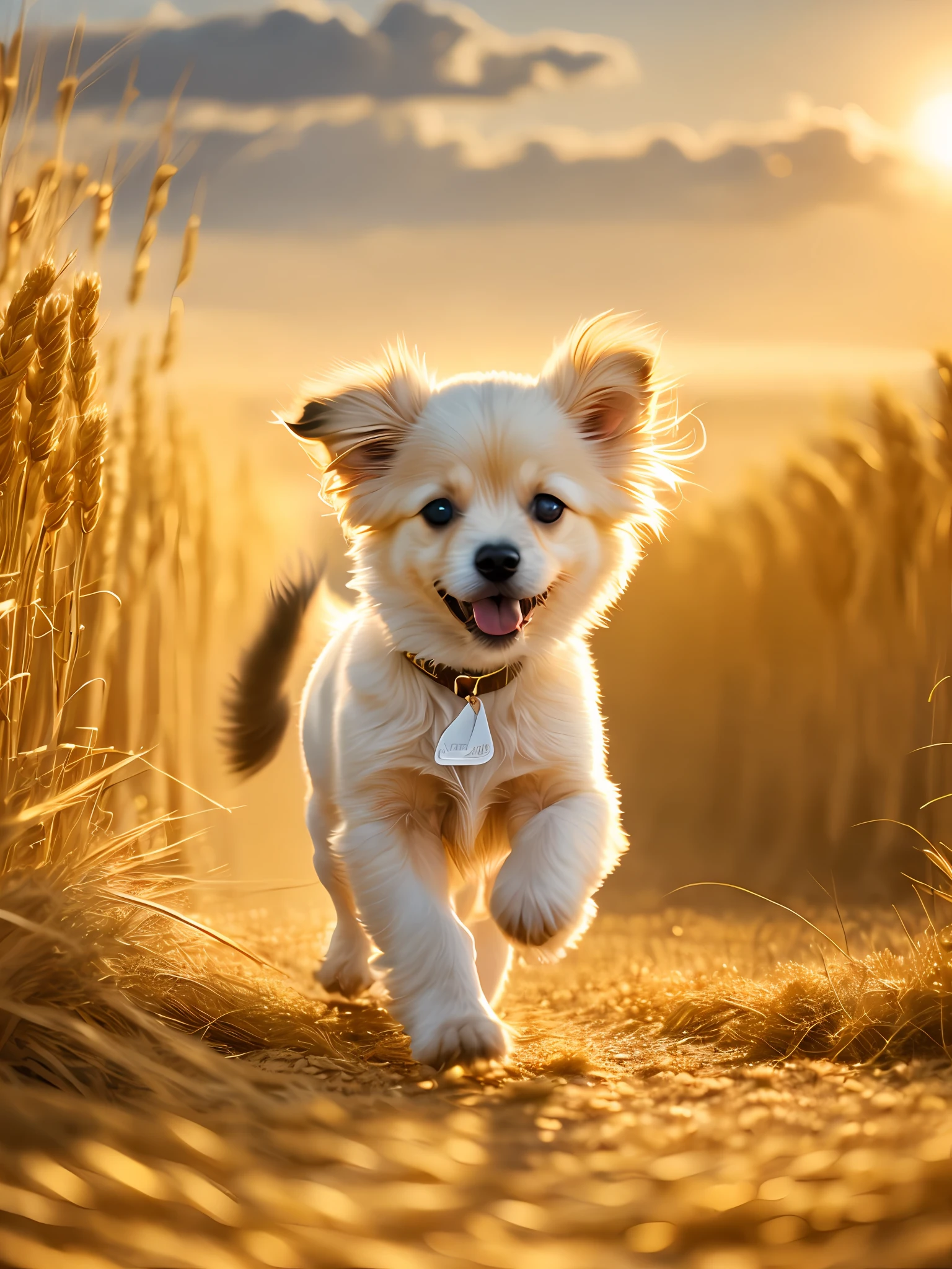 Photo of a very cute puppy running in a golden wheat field, sky in the setting sun, white clouds, soft volumetric light, (backlight: 1.3), (movie: 1.2), intricate details, (ArtStation: 1.3), Rutkowski