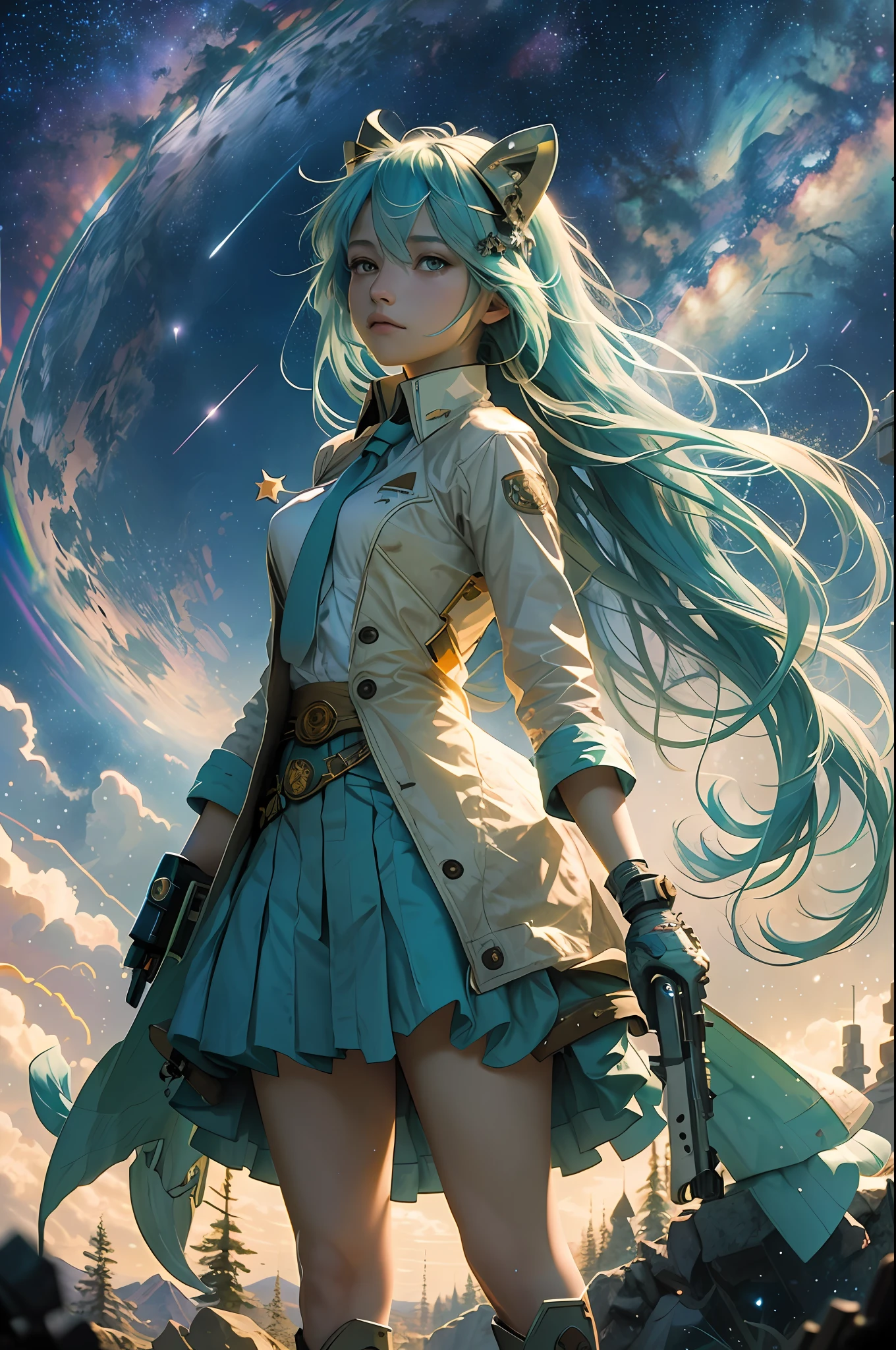 Best quality, best image quality, concept art, beautiful girl, holding a handgun, full body, wilderness, night, starry sky, alphonse mucha, Hatsune Miku, dream, rainbow, hope, cowboy shot, dynamic composition, looking far away