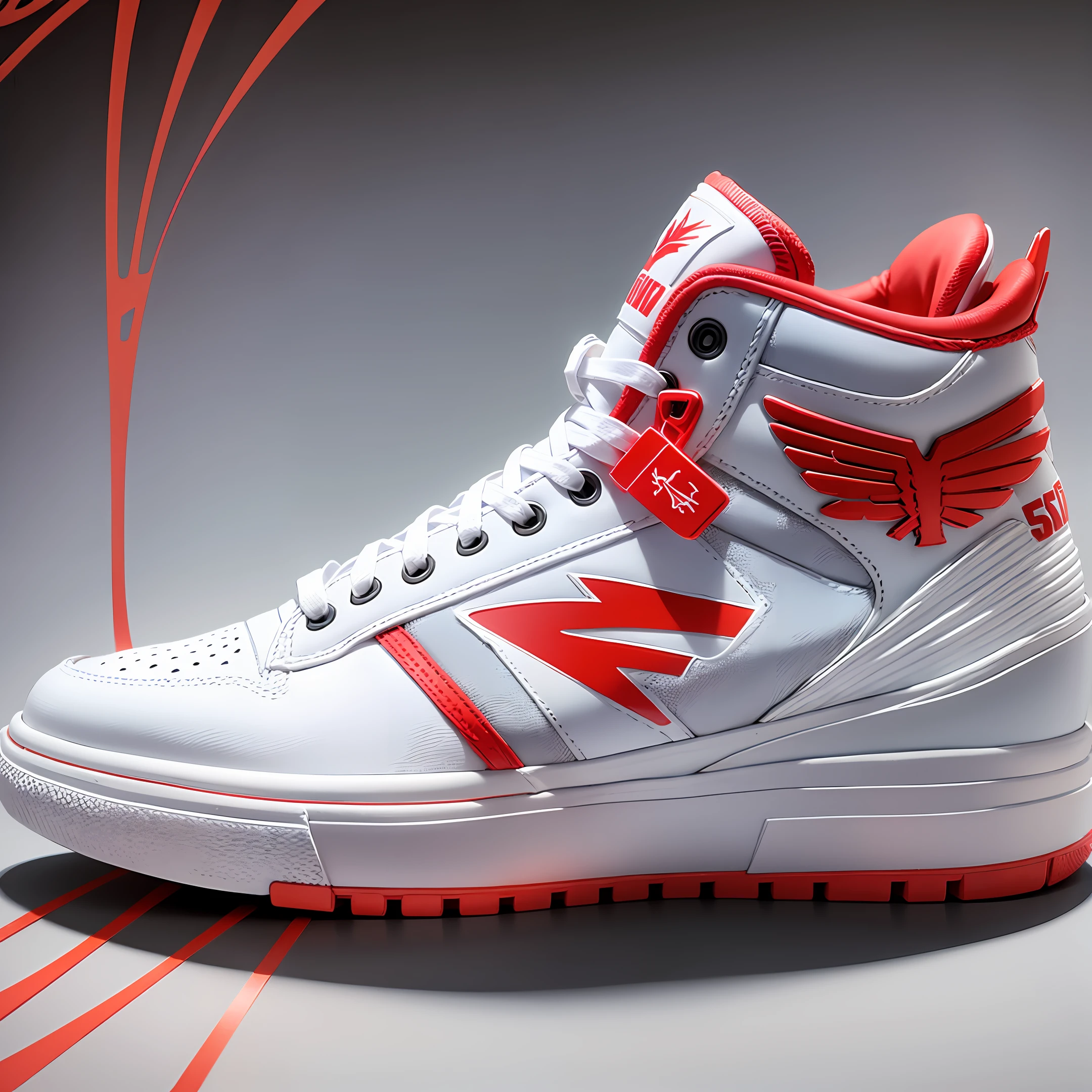 High top sneakers, White black and red, wings on the back of the sneaker, symbol in check format as logo, ultra realistic, 50k, maximum quality, basketball court background --auto --s2