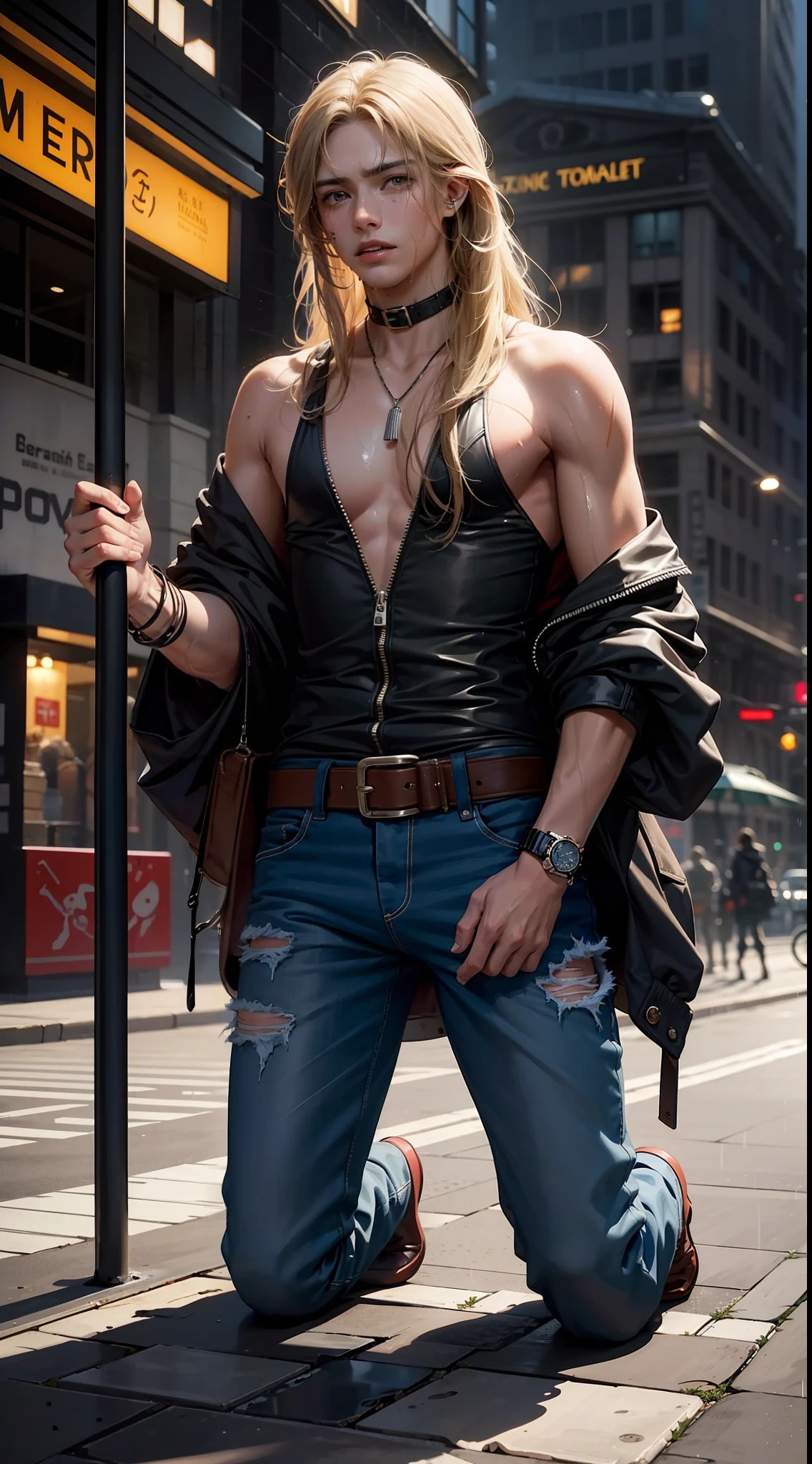 Best Quality, Masterpiece, Ultra High Resolution, (Fidelity: 1.4), Photos, 1 Handsome Long Hair (((Boy)))), Dim, Darkness, Lightning, Despair, Pathese, Movie, Tears, Teardrops, ((Men)), (Torn Clothes: 1.5), (Wet Clothes: 1.4), Kneeling on the Ground, Saving Yourself, Biting Lower Lip, Bare Shoulders, Real Rain, Wet Hair, (((Men)))