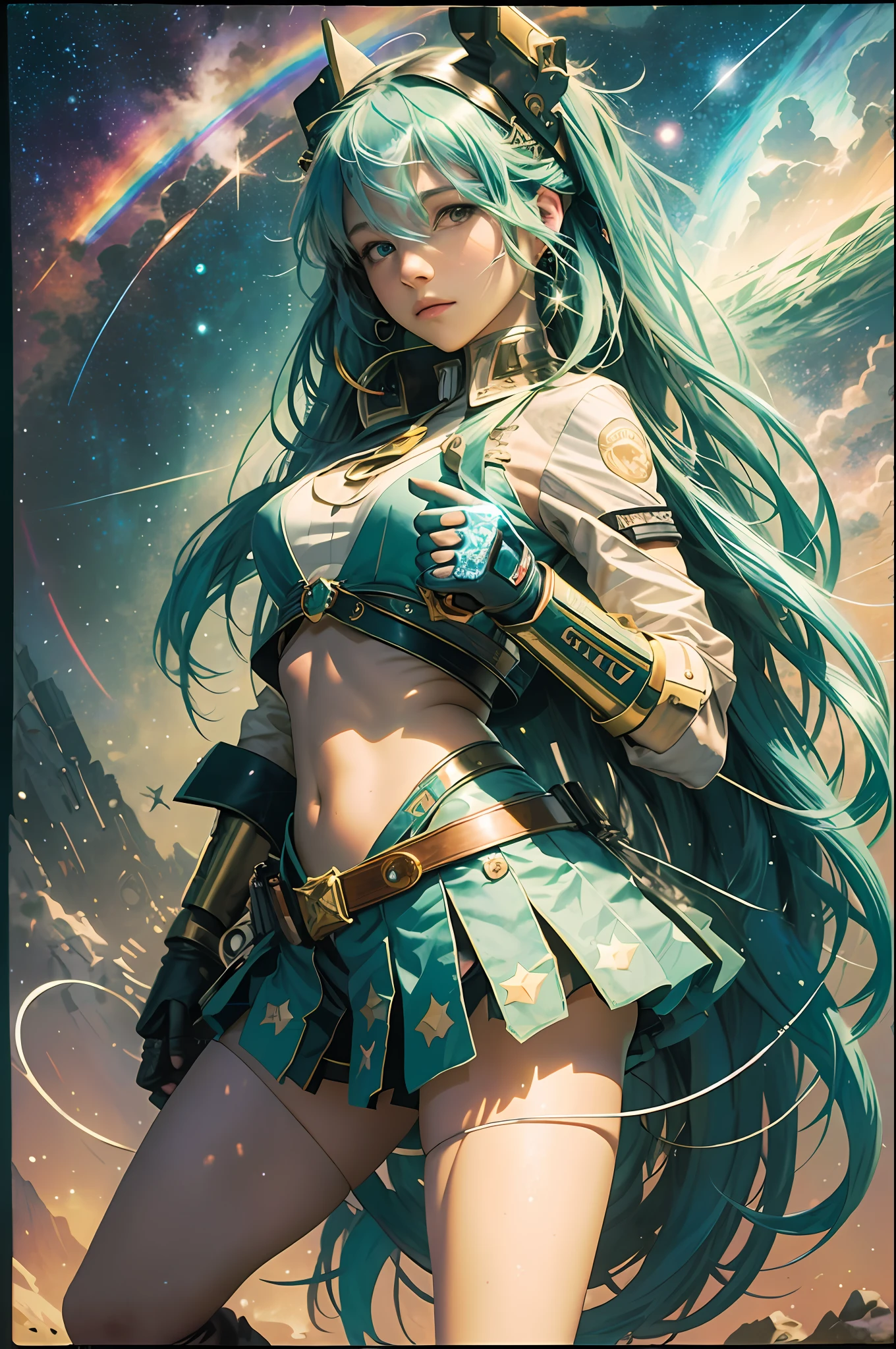 Best quality, best image quality, concept art, beautiful girl, holding a handgun, full body, wilderness, night, starry sky, alphonse mucha, Hatsune Miku, dream, rainbow, hope, cowboy shot, dynamic composition, looking far away
