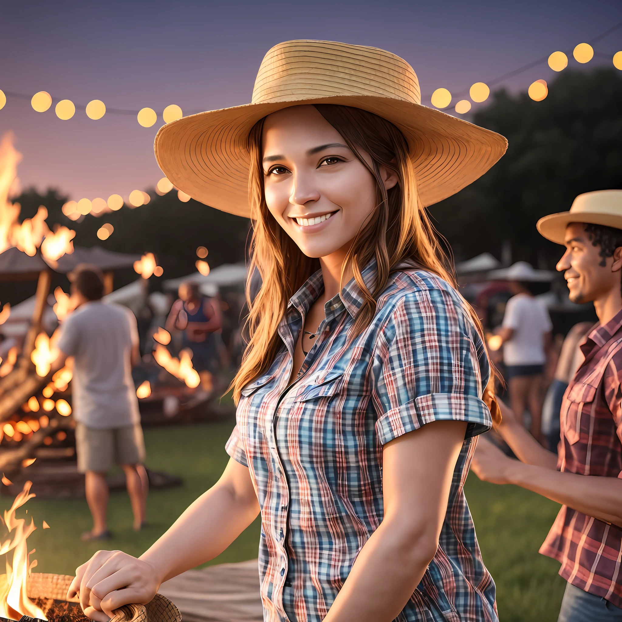 8k, ultra realistic photo, attractive, highly detailed, a 40-year-old black man smiling, June party, wearing a straw hat and plaid shirt, bonfire in the background, cinematic scene, rendering, dramatic lighting, award-winning quality --auto --s2