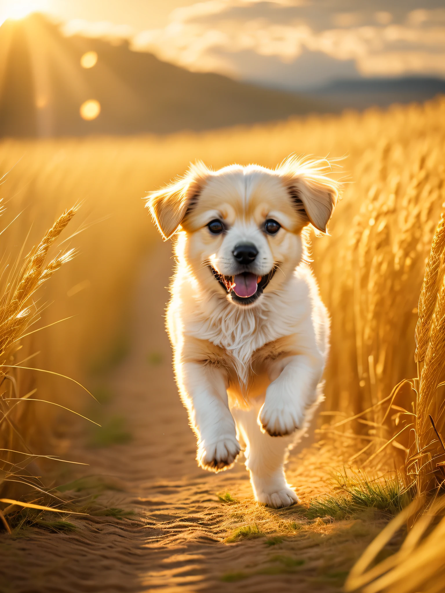 Photo of a very cute puppy running in a golden wheat field, sky in the setting sun, white clouds, soft volumetric light, (backlight: 1.3), (movie: 1.2), intricate details, (ArtStation: 1.3), Rutkowski