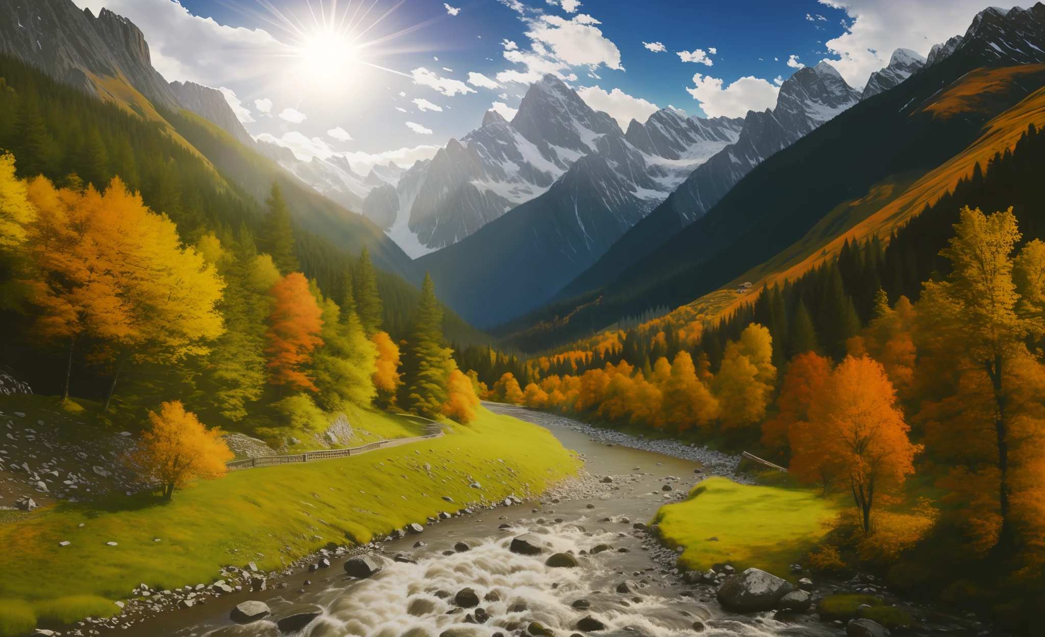 detailed background, masterpiece, best quality, scenery, mountains, river, forest, sun, day, clouds
