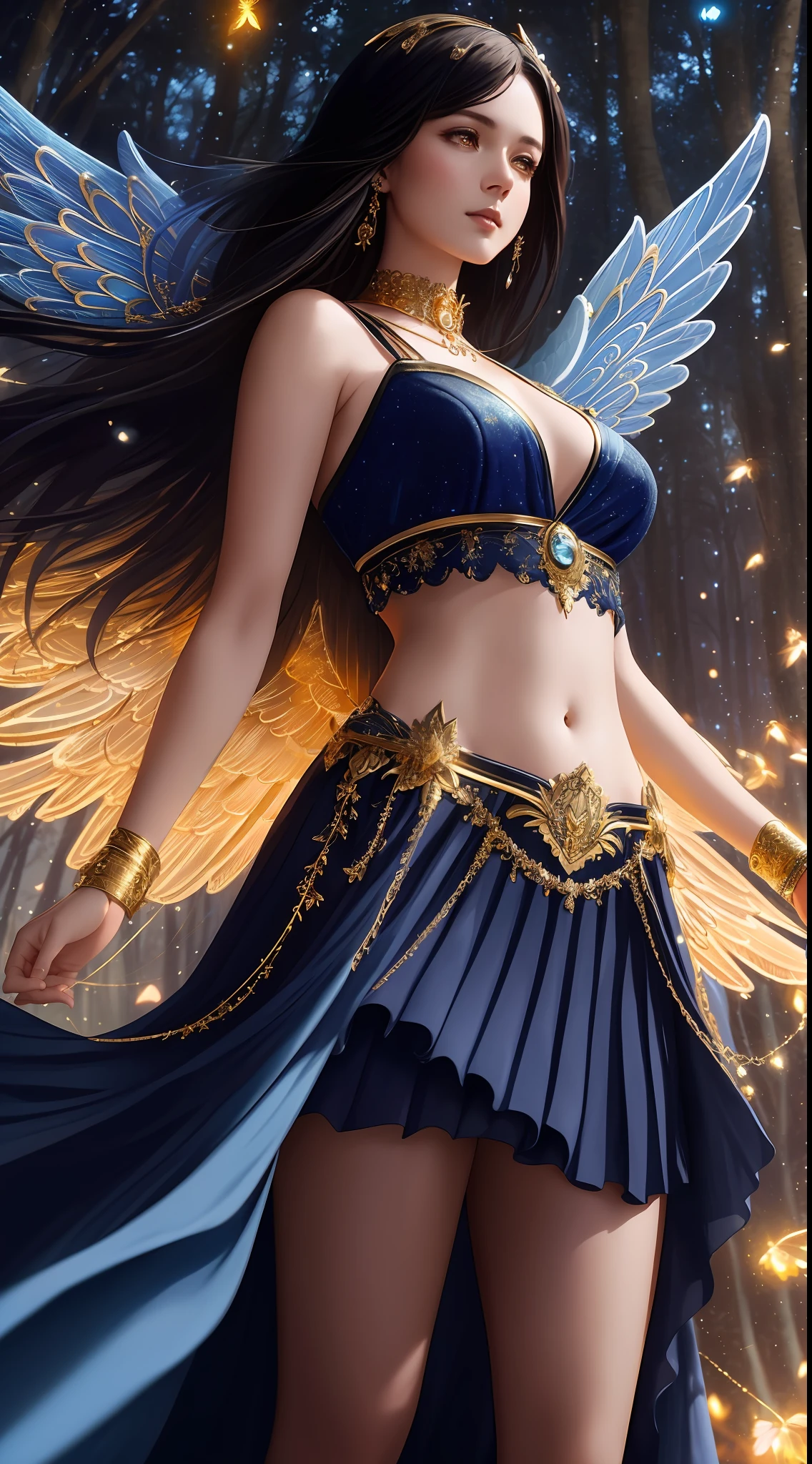 modelshoot style, the most beautiful artwork in the world featuring a (gothic angel cute woman in skirt:1.2), ((navel :1.5)), (( gold and indigo dress:1.2)) cute pose infront of a gorgeous glowing forest full of fireflies flying around, large detailed wings, (dark force:1.3), 35mm lens, f/1.8, 8K, clear facial features, (cinematic action scene:1.2), accent lighting, global illuminatio, trending on ArtStation, trending on CGSociety, Intricate, High Detail, Sharp focus, (dramatic:1.1), photorealistic painting art by midjourney and greg rutkowski