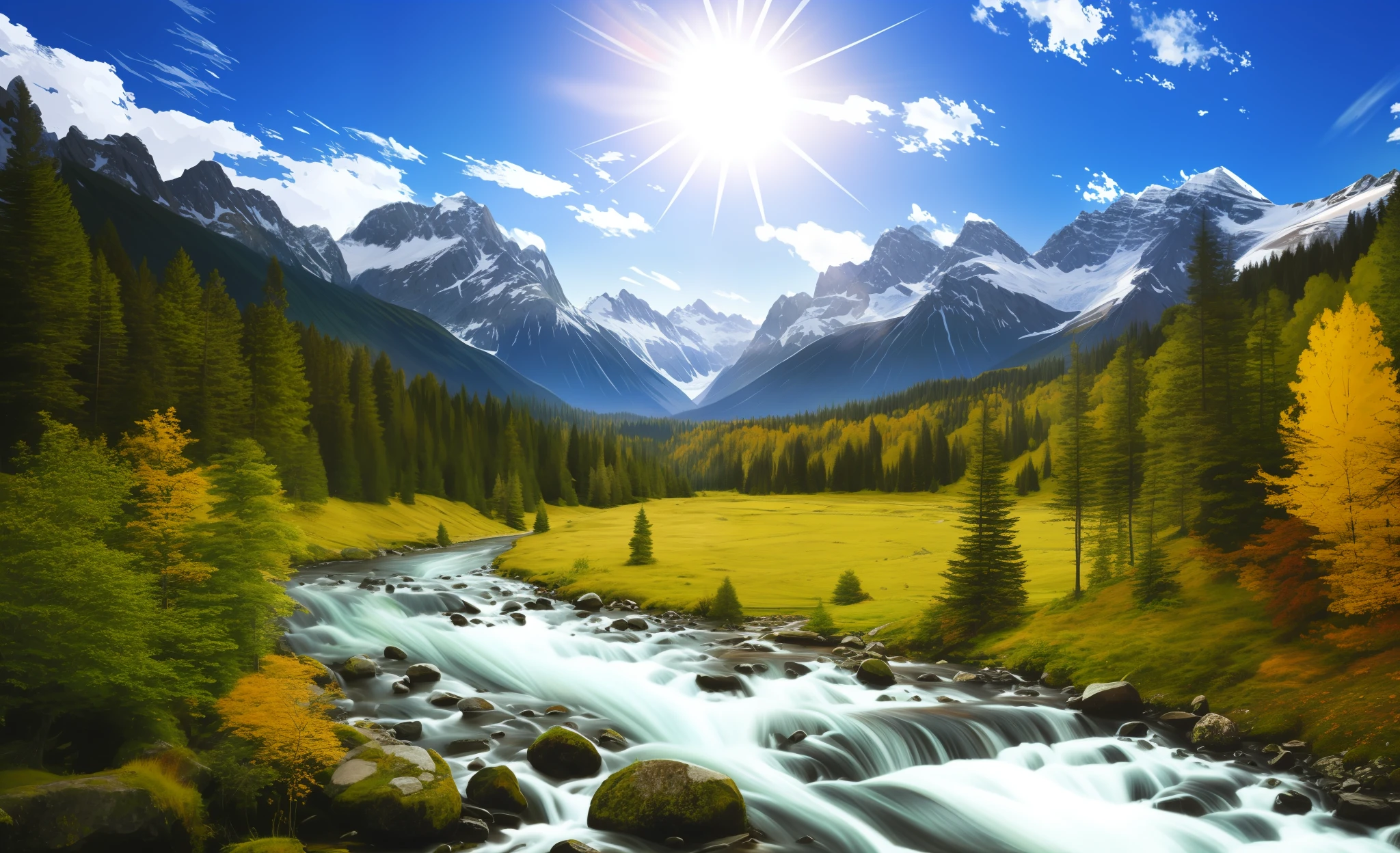 detailed background, masterpiece, best quality, scenery, mountains, river, forest, sun, day, clouds