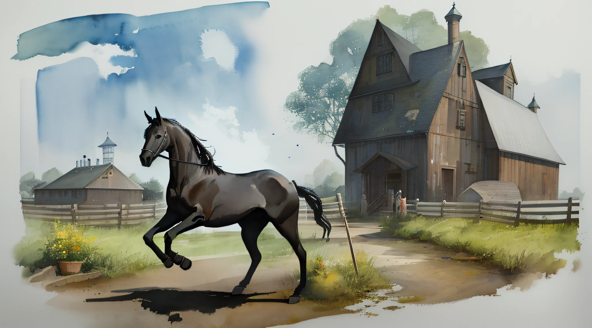 Painting, a black horse in a pen of a farm, with several other horses around it, perfect anatomy, perfect image, captivating illustration, sense of sadness, watercolor.