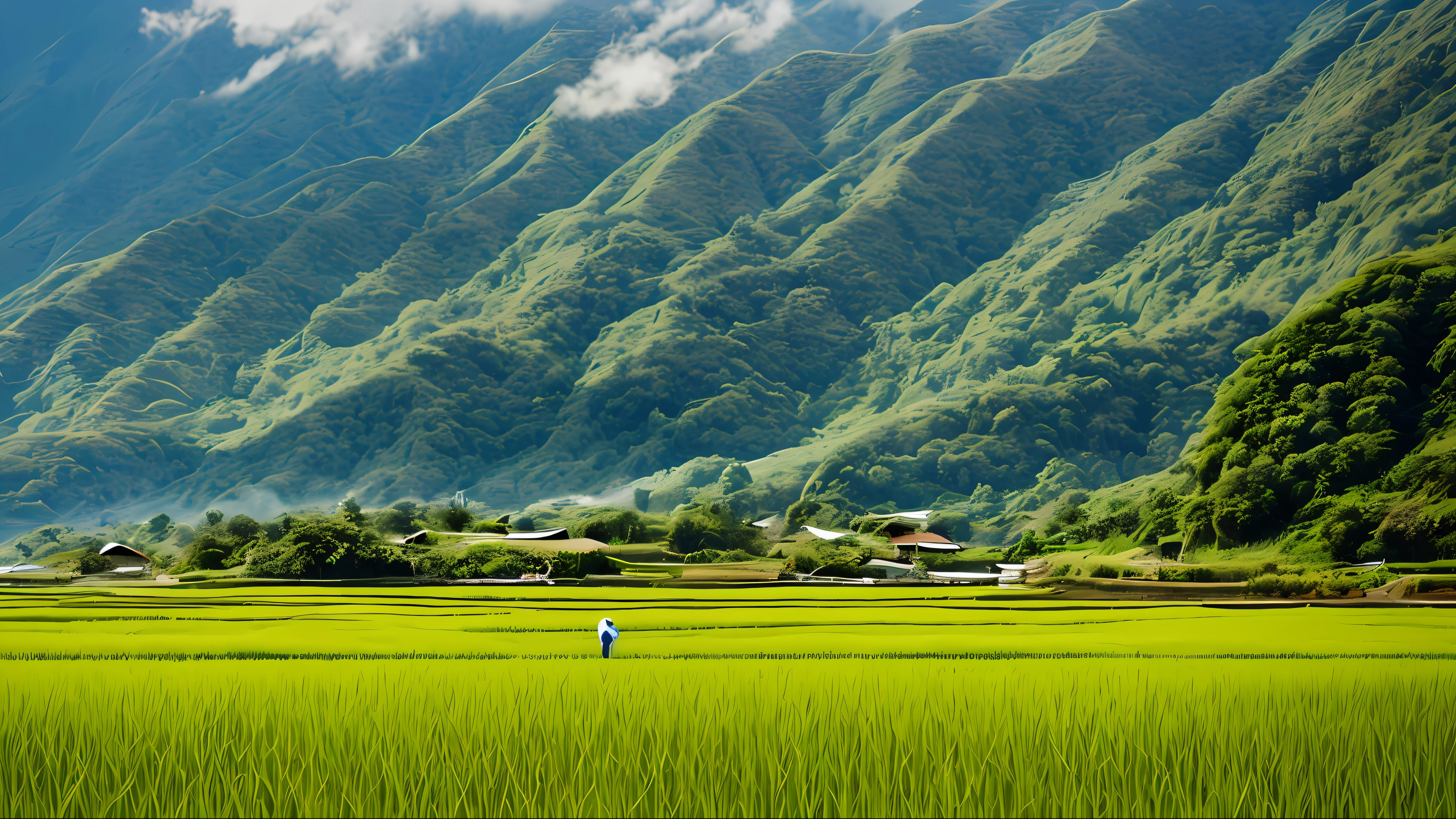 Prompt: A photograph of Asian people on a rice paddy, with mountains in the background, surrounding the landscape. The sky is clear, with clouds reflecting sunlight. The time is around 7 a.m., providing a vibrant blue sky. The photo was taken with a professional wide-angle lens, capturing both the people in the central focus and the landscape in the background. The view is from a height of 1.80 meters.
Command: Generate a high-quality photograph with Asian people on a rice paddy, mountains in the background, clear blue sky with clouds reflecting sunlight. The perspective should value both the people in the central focus and the landscape in the background. The image should be captured as if it were seen from a height of 1.80 meters. Use a professional wide-angle lens to highlight the moment and perspective.