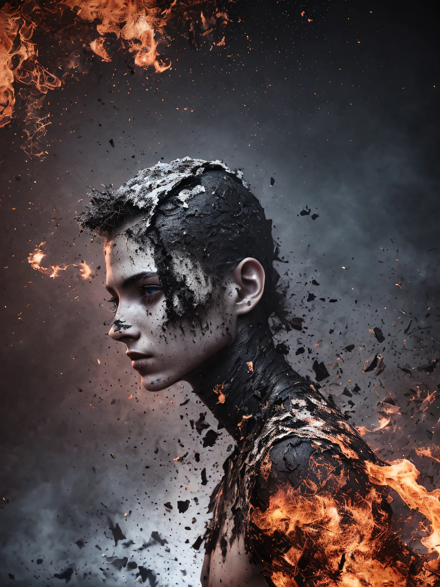 skin from chaos, dark atmosphere, dust explosion inside