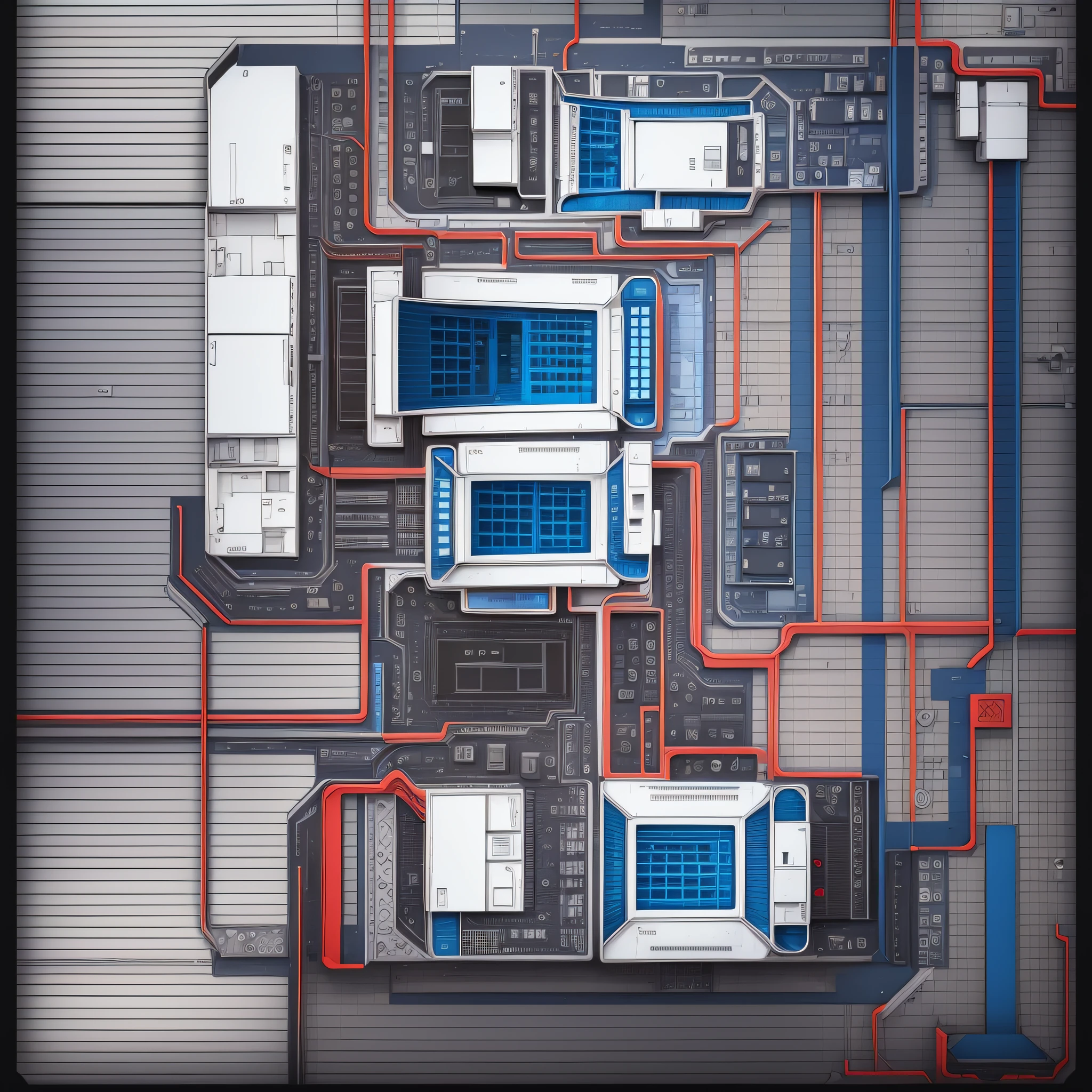 Computer circuits forming the plan of a house with the names of the rooms and their footage in less prominence. Use only the colors blue, black, white, and red --auto --s2