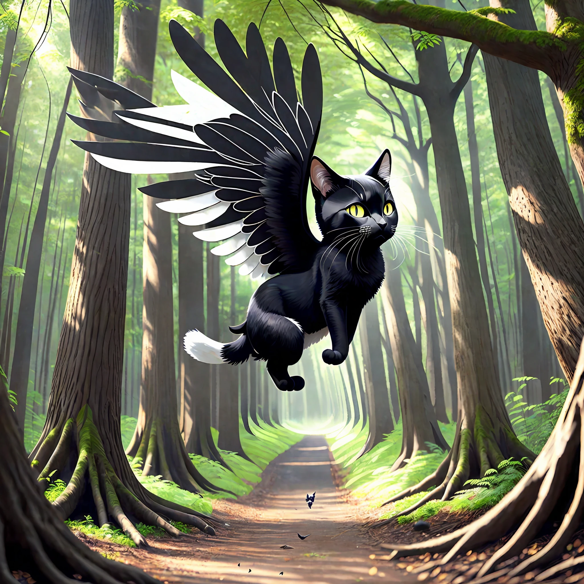 A black cat with white wings flying in a forest --auto --s2