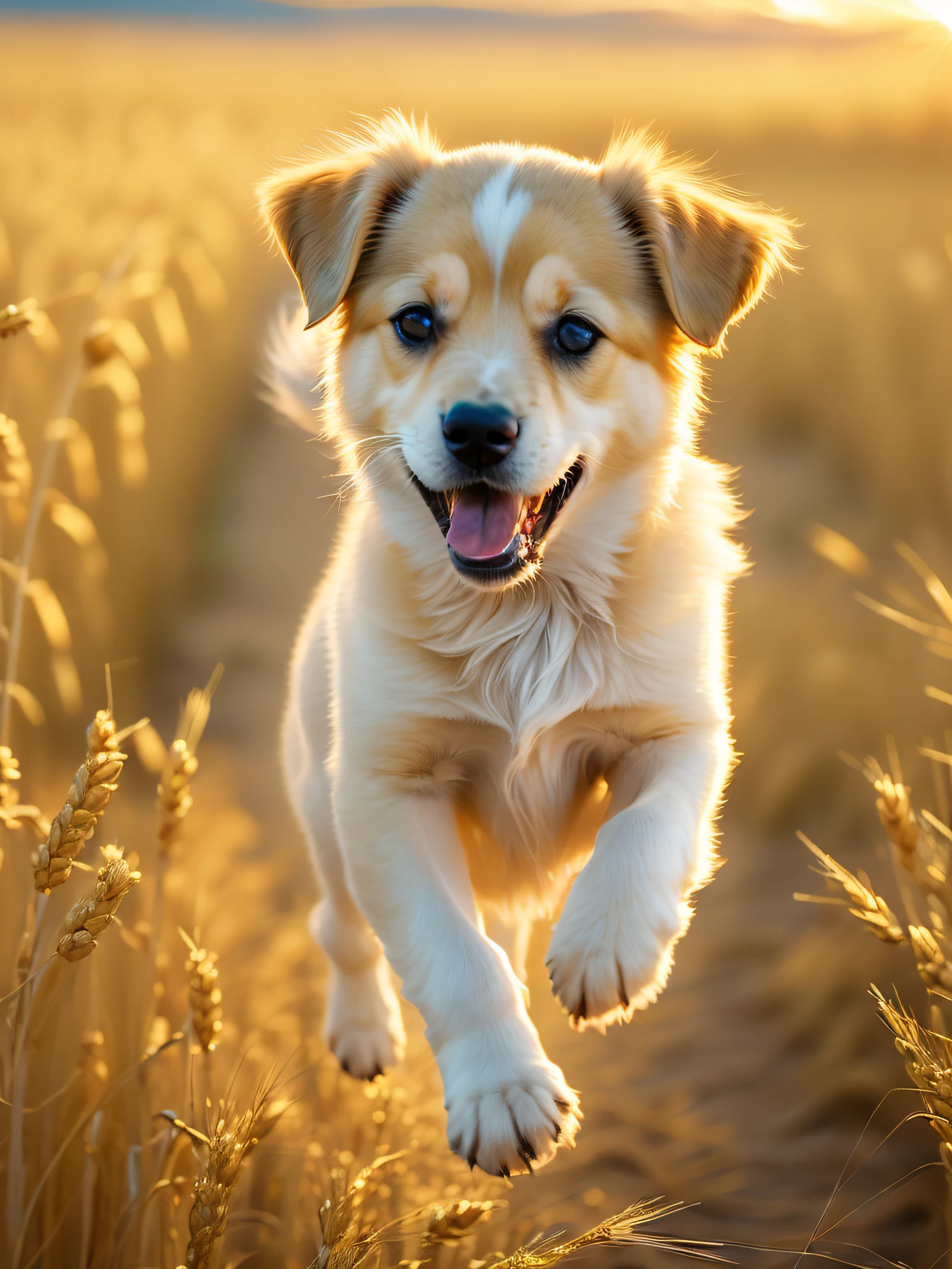 Photo of a very cute puppy running in a golden wheat field, facing the camera, showing his tongue and smiling, sunset sky, white clouds, soft volumetric light, (backlight: 1.3), (movie: 1.2), intricate details, (ArtStation: 1.3), Rutkowski