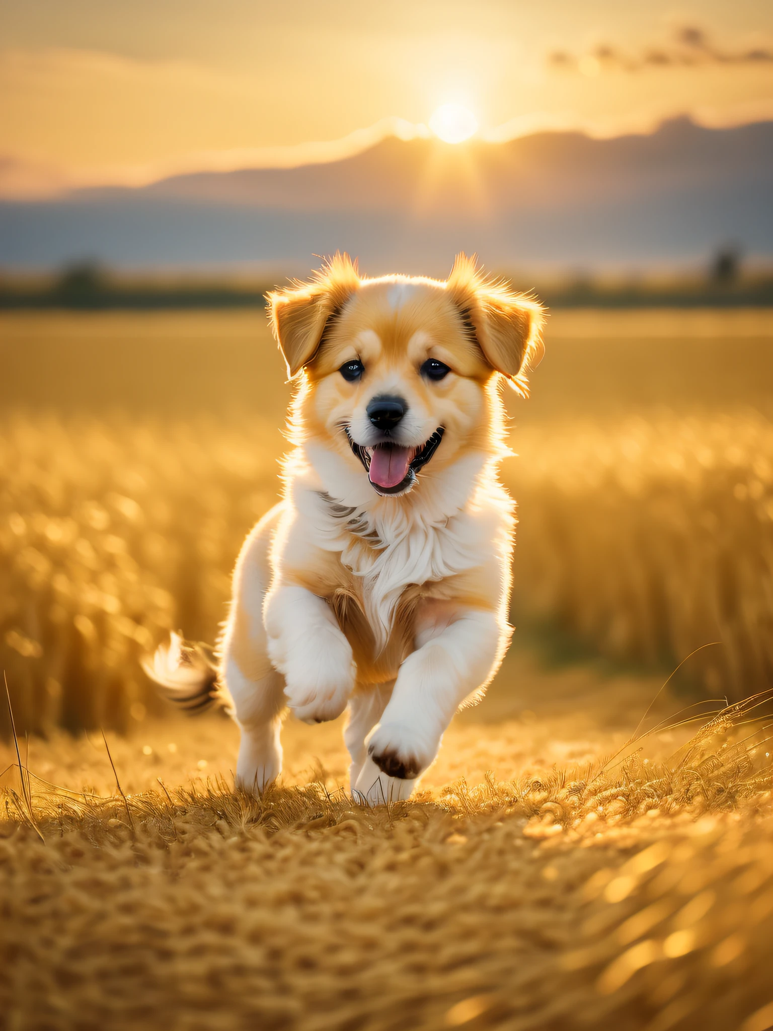 Photo of a very cute puppy running in a golden wheat field, facing the camera, showing his tongue and smiling, sunset sky, white clouds, soft volumetric light, (backlight: 1.3), (movie: 1.2), intricate details, (ArtStation: 1.3), Rutkowski