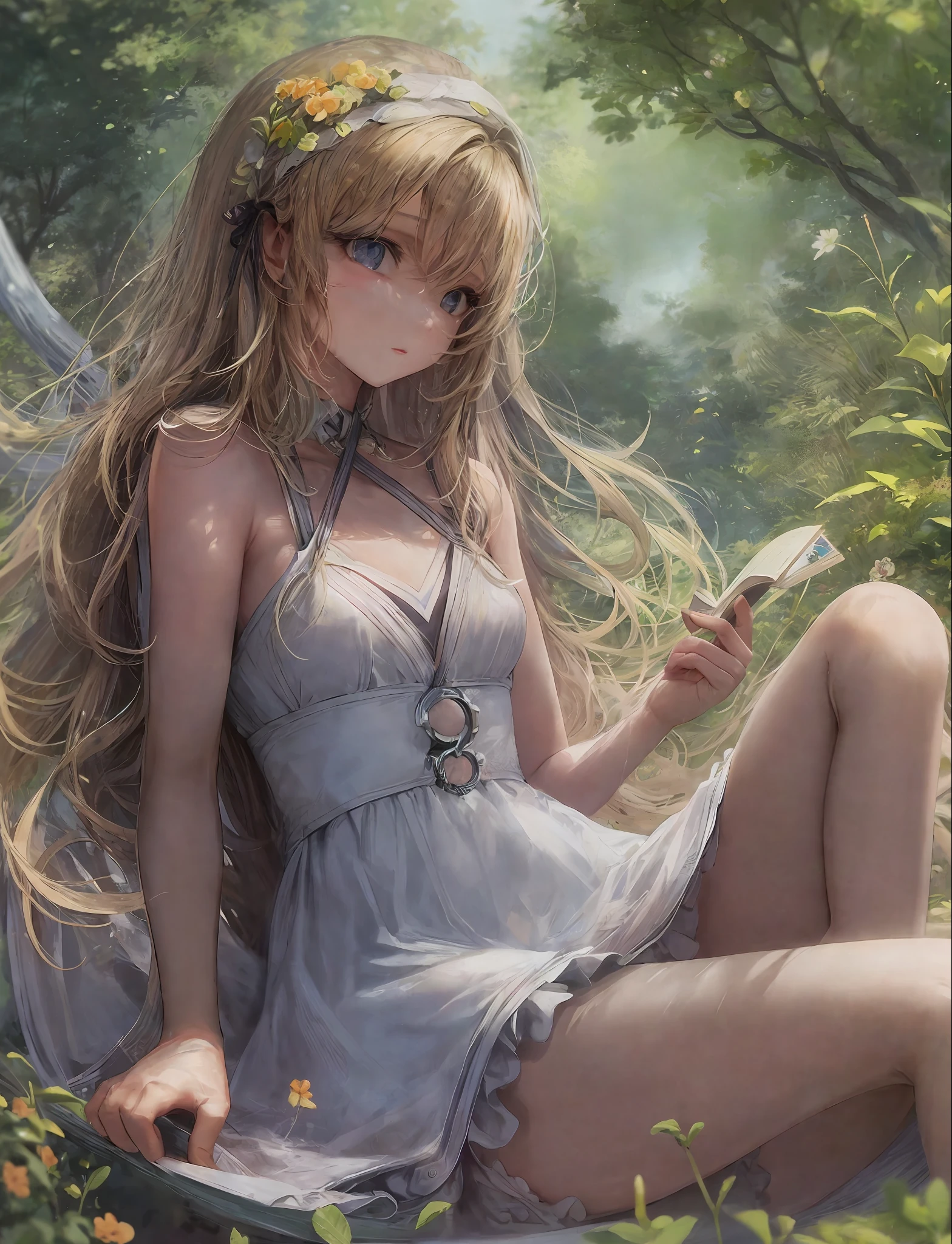 A girl, 18 years old, with a petite frame, smooth porcelain skin, and a heart-shaped face. She has bright blue eyes, long curly blonde hair that falls to her waist, a small nose, and full lips. She has a delicate jawline, high cheekbones and a youthful appearance. She's laying on a hammock, in a peaceful park, on a sunny day, surrounded by tall trees, wearing a white sundress, reading a book, she's wearing a pair of sunglasses and has a headband with small flowers on it.
