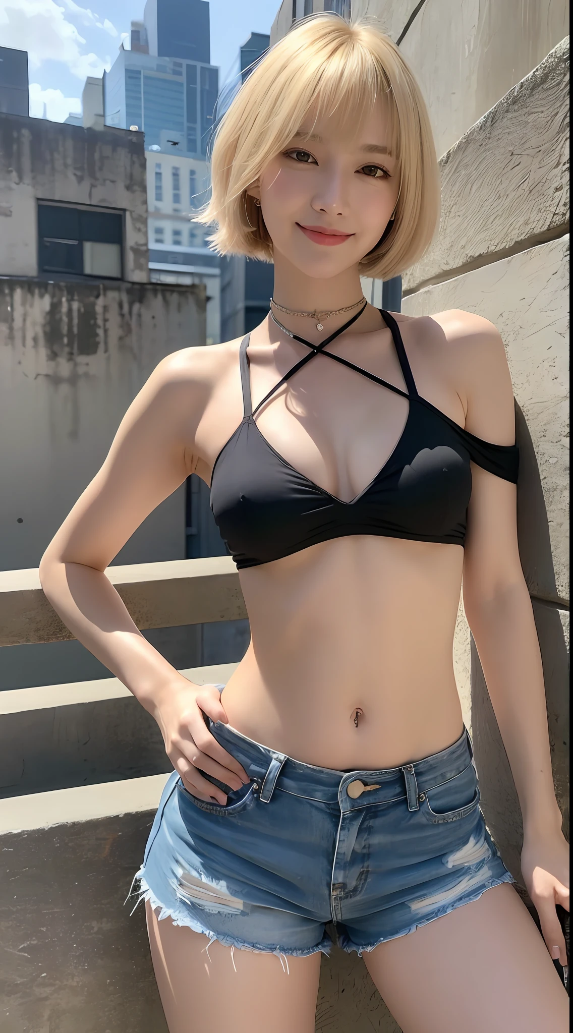 ((Daytime, Real Light, Best Quality, 8k, Best Masterpiece: 1.3)), Slender Girl, Beautiful Girl: 1.4, Abs 3.0, Ass 3.0, (Blonde Short Hair, Small Breasts 4.0), Shorts: 1.2, Off-Shoulder, City Landscape, Ultra Detailed Face, Ultra Detailed Eyes, Double Eyelids, Eyeliner, Bangs Free, Navel, Piercing, Smile