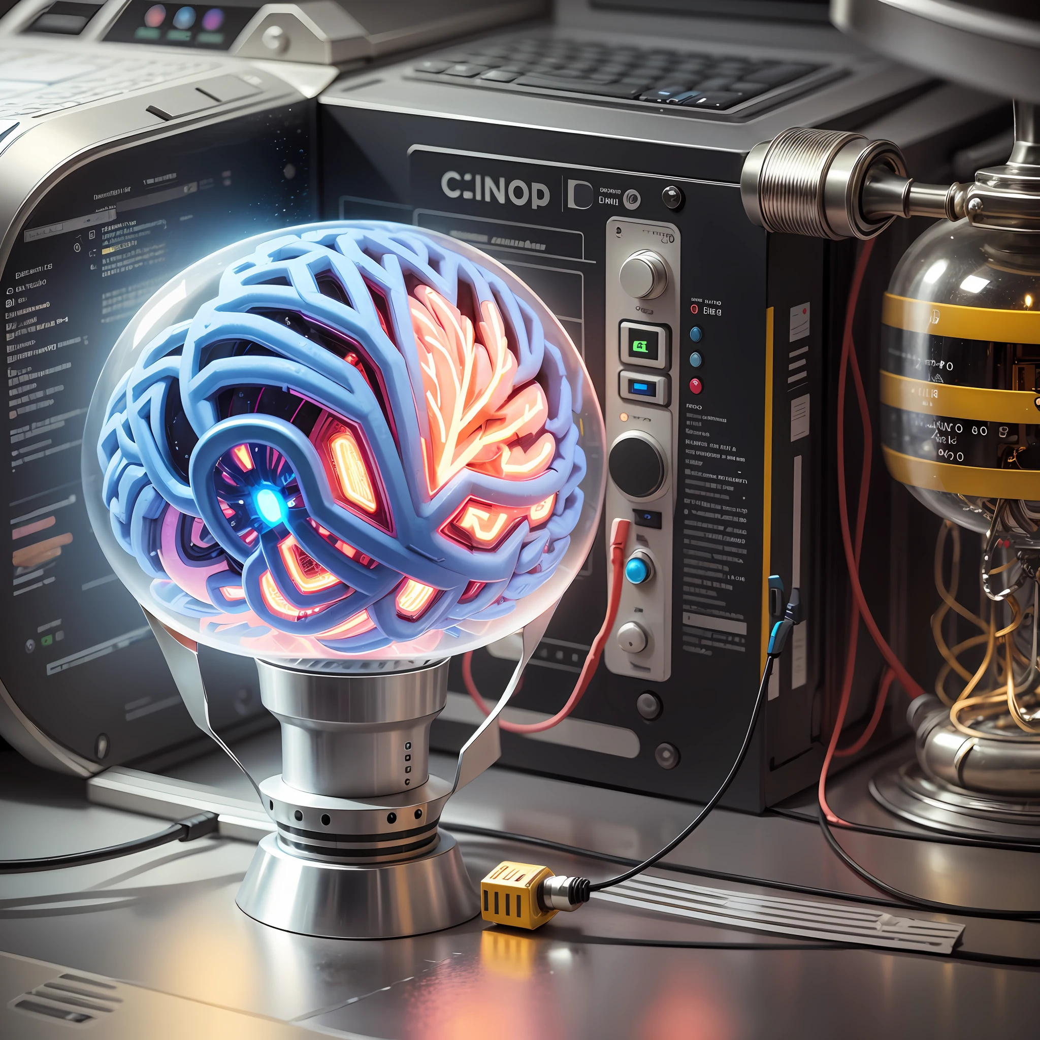 A brain, connected to a computer chip, inside a light bulb, artificial intelligence --auto --s2