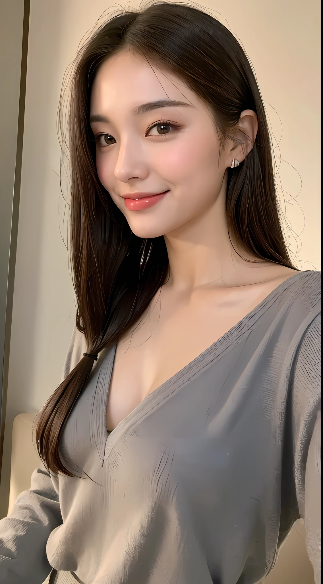 ((Best Quality, 8K, Masterpiece: 1.3)), 1girl, Beauty: 1.3, (Casual hairstyle, No big breasts: 1.2), Deep V skirt: 1.1, Super fine face, Fine eyes, Double eyelids, smile, beautiful eyes