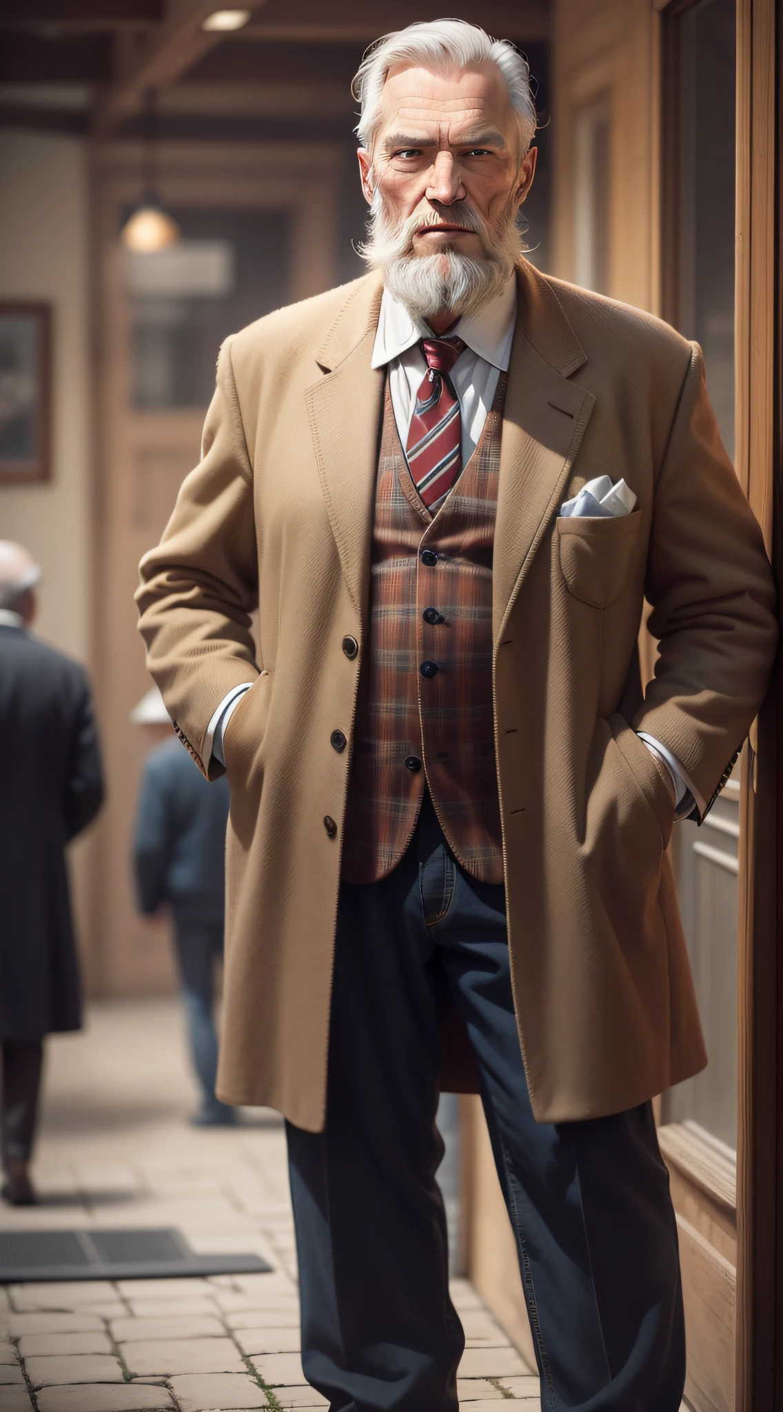 old man, 60 years old, old times style, bearded, tall, with only one hand in his pocket, realistic, facing image, with old clothes, in image framing, super realistic, showing full body, detailed, depth of field, high quality shadows, full body, cheerful face