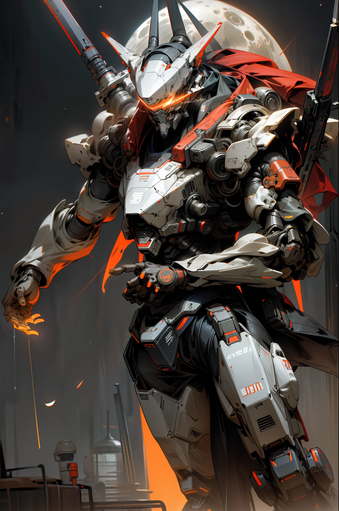 On the moon,barren planets, twisting blades, diablo 4, rogue, holding_weapon, no_humans, glowing, robot, building, glowing red_eyes,black mecha, science_fiction, realistic,mecha,Milky Way Galaxy background,neon dark, arcane