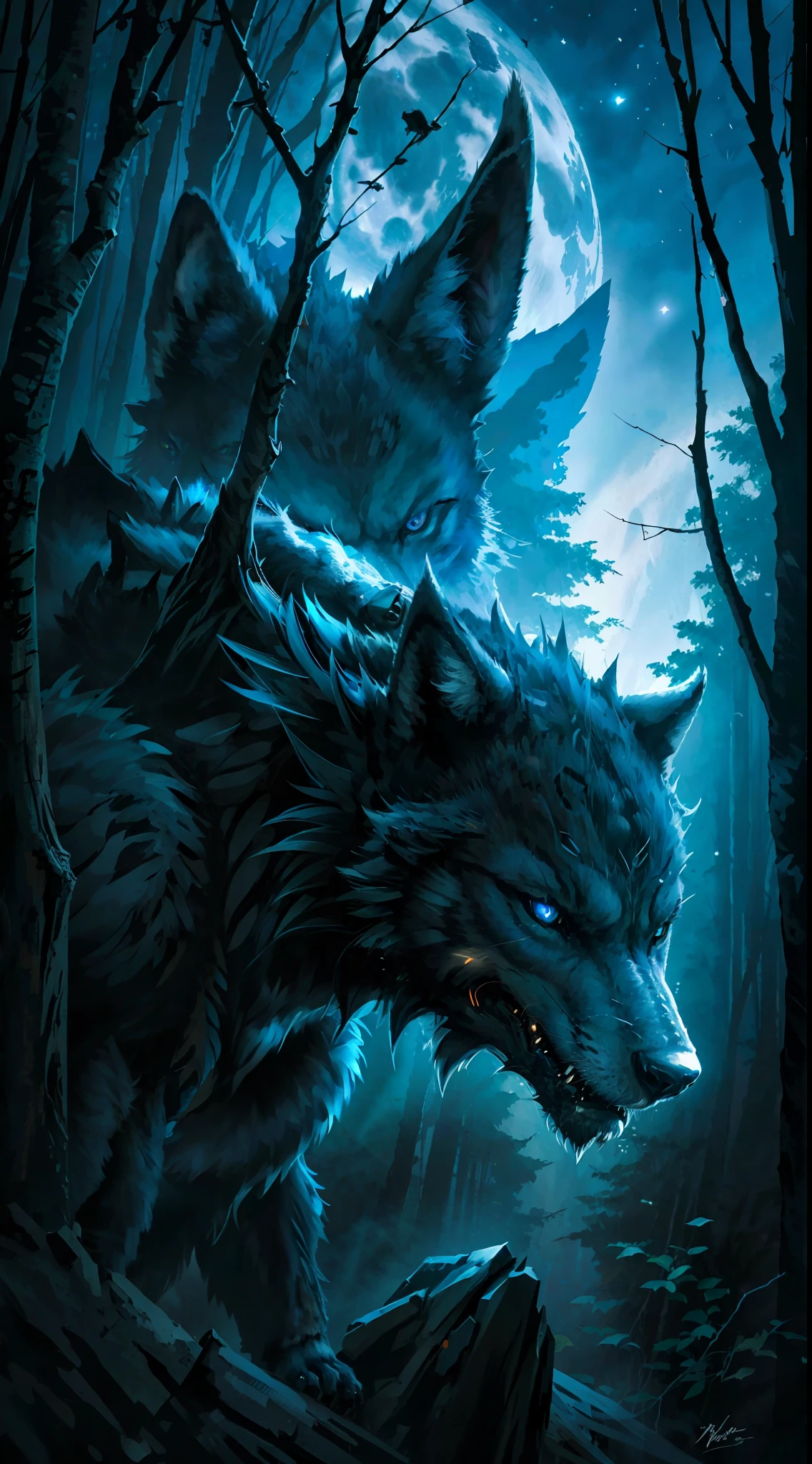 Black colored wolf "blue eyes", fierce, hunting, dangerous forest, midnight moon (detailed high resolution image), 1 angry, fearless wolf. Howling, big, powerful. Open forest, night, stars.