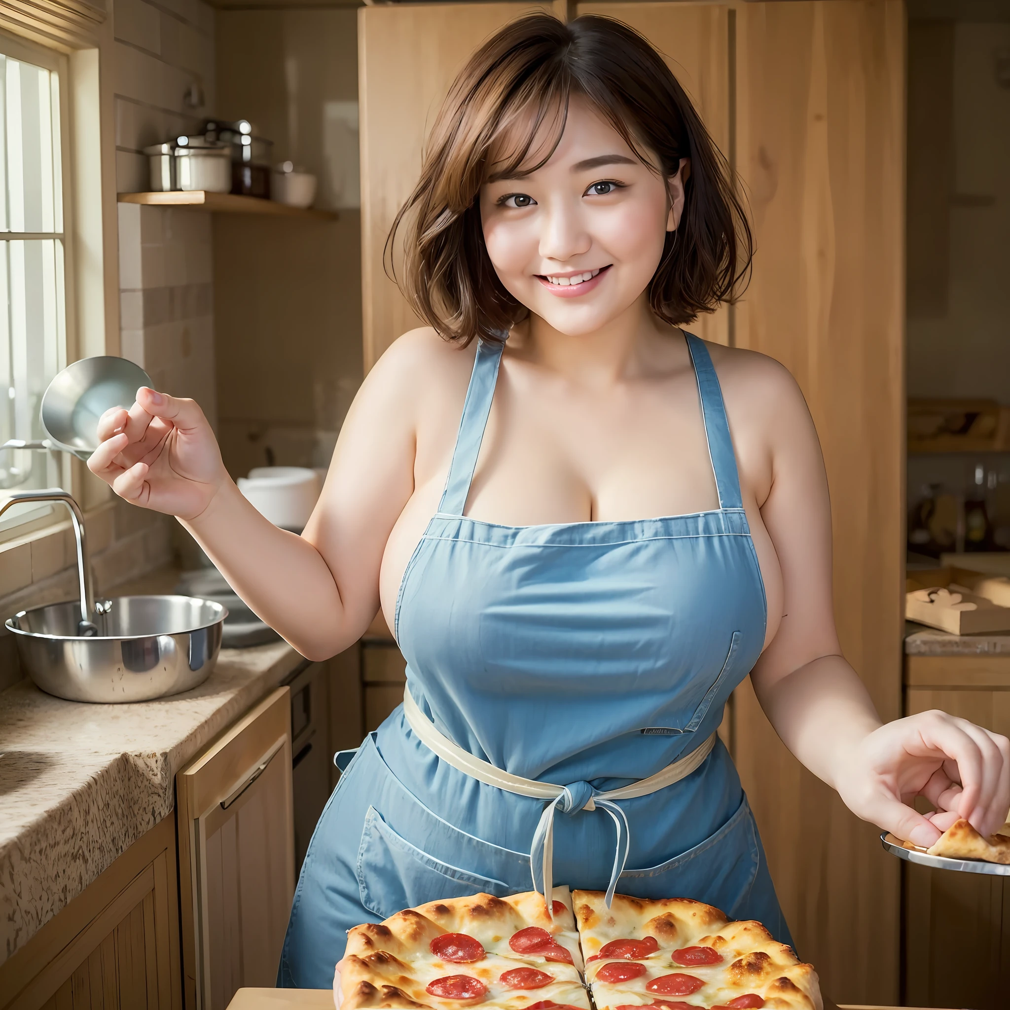 ((Best quality, 8k, Masterpiece :1.3)), beautiful fat girl, chubby face, fat belly, (short hair, big breasts: 1.2), oversized apron, ultra-delicate face, delicate eyes, double eyelids, smile, in kitchen, serving fresh pizza
